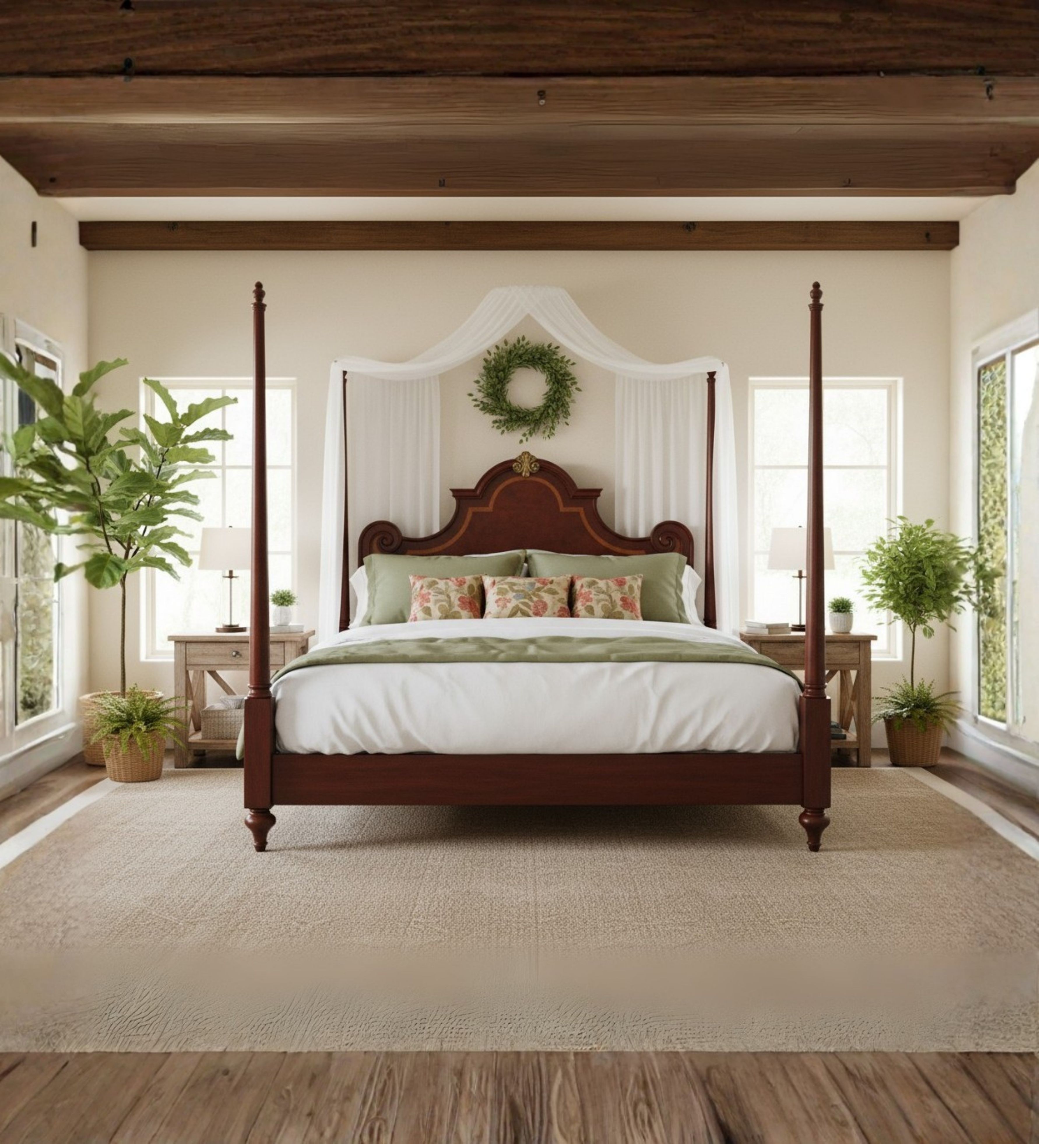 Classic wooden bed with shaped headboard and carved detailing