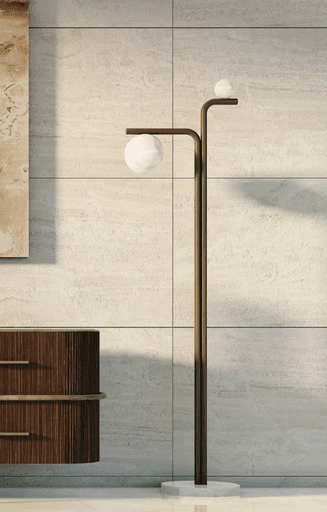 Elegant lamp with metal structure with opaline spheres next to a wooden sideboard