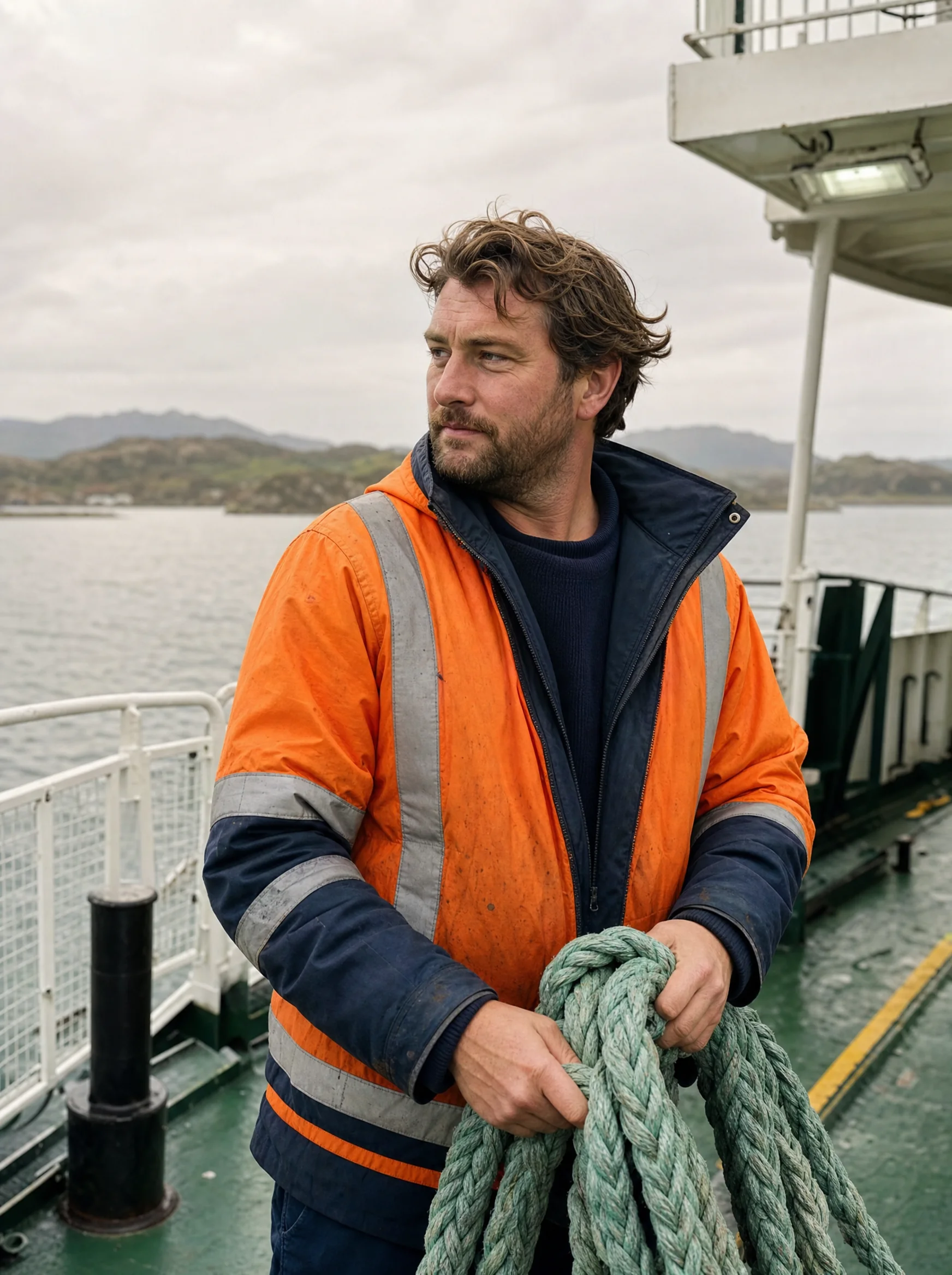 A deckhand in a hi-vis jacket holding a coiled rope on a ferry deck