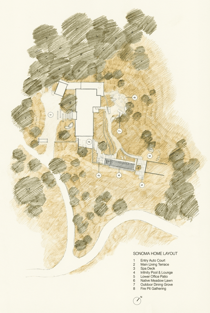 A hand-drawn landscape architecture site plan showing pathways, plant groupings, circulation, and topography.