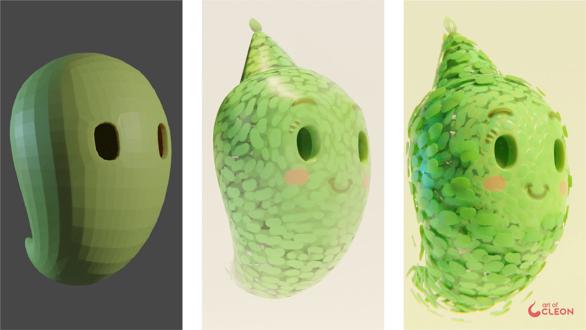 Three modeling stages moving from a simple rounded blockout to the layered final Spirit of the Forest character.