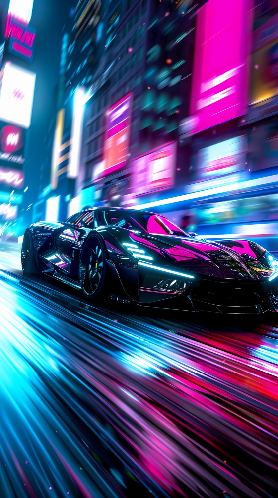 A futuristic sports car speeding through a neon-lit city at night