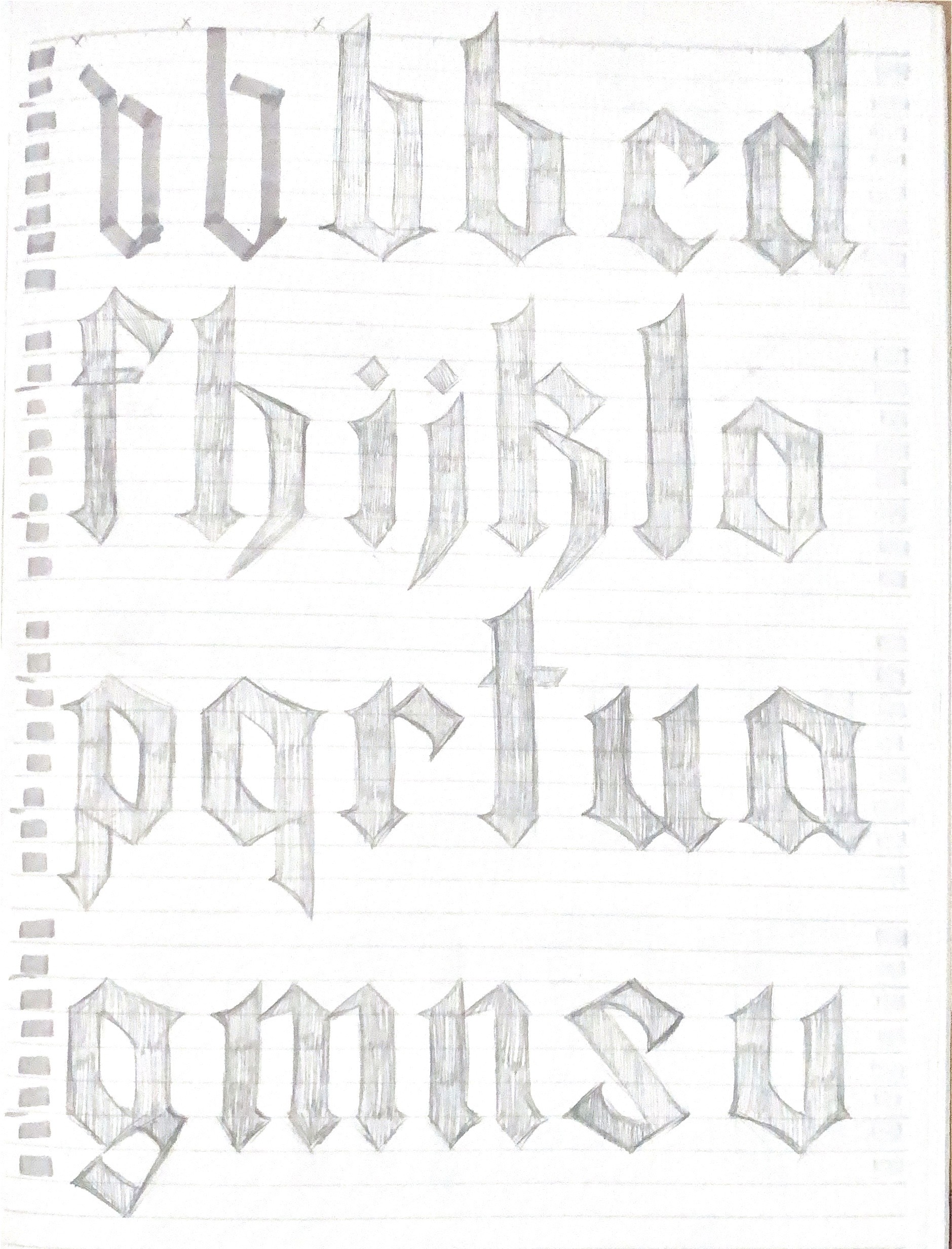Rough sketches of lowercase blackletter letters