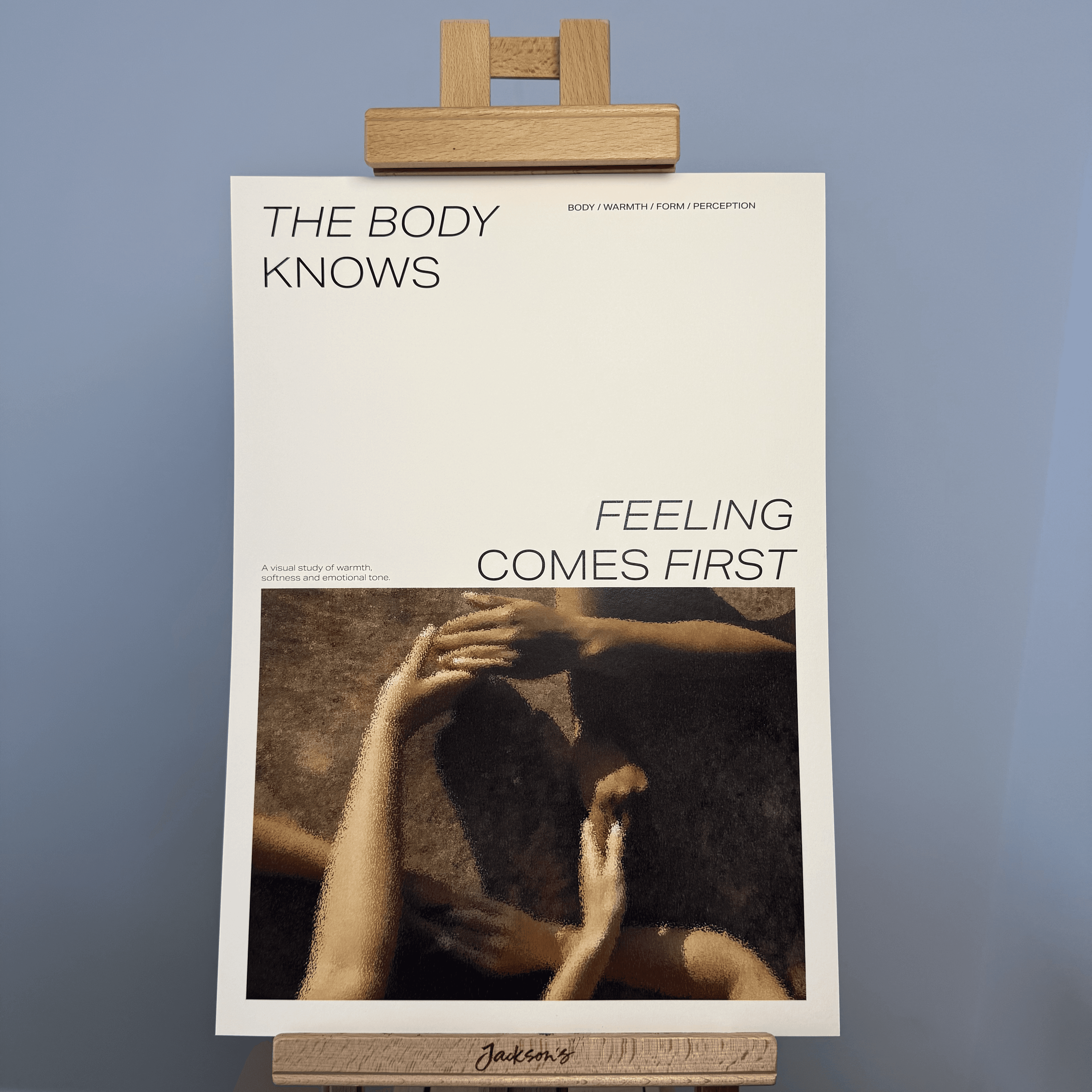 Minimal editorial poster combining expressive hand photography with typography exploring instinct, touch and perception.