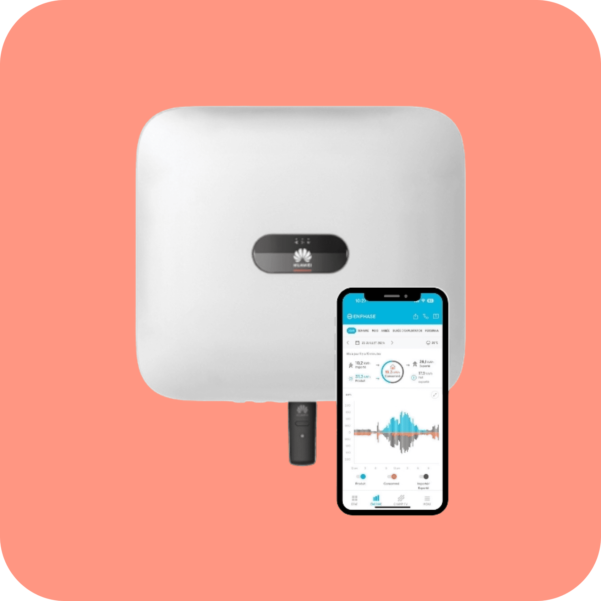 Photo d'un onduleur Huawei et d'un téléphone avec l'application Enphase