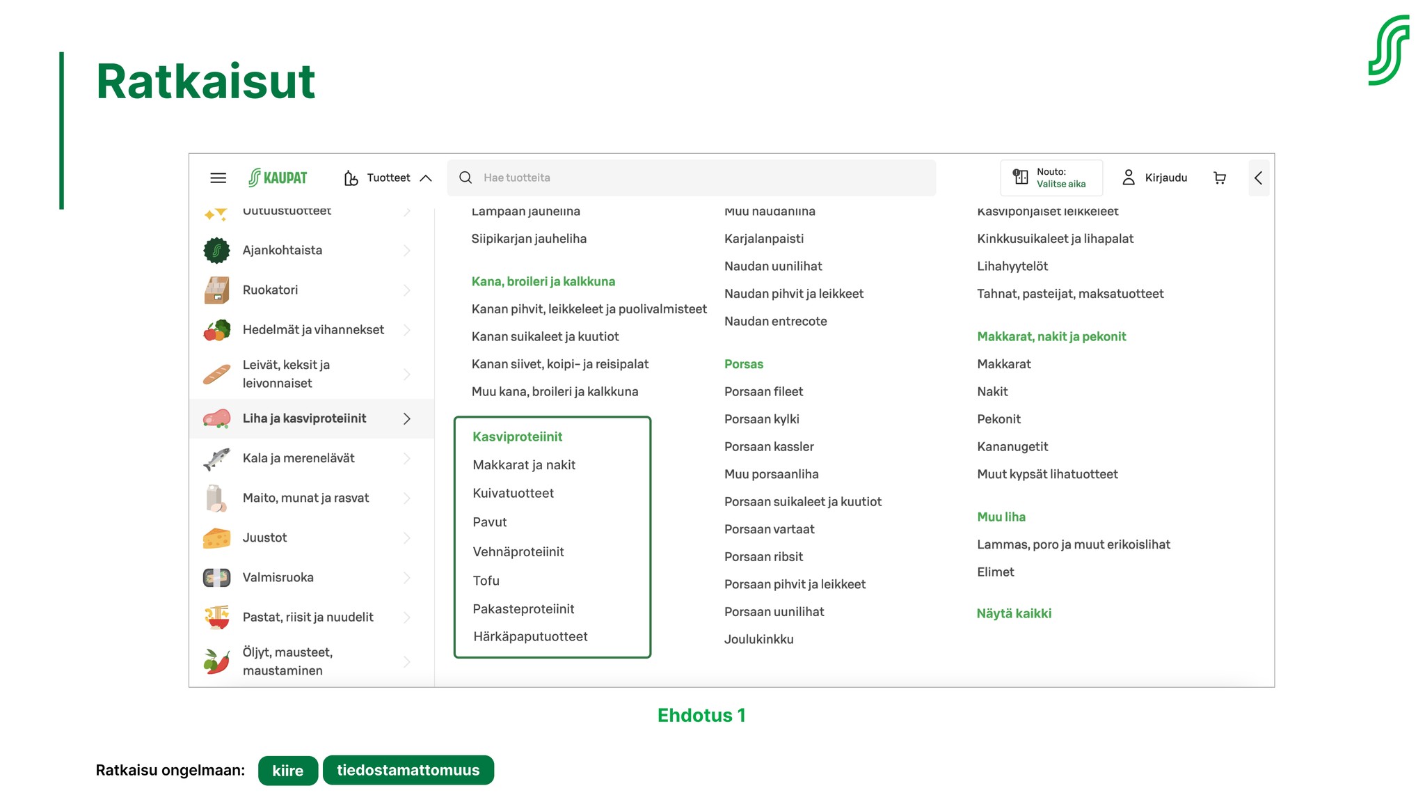 Screenshot showing revised product categories of S-Kaupat online store