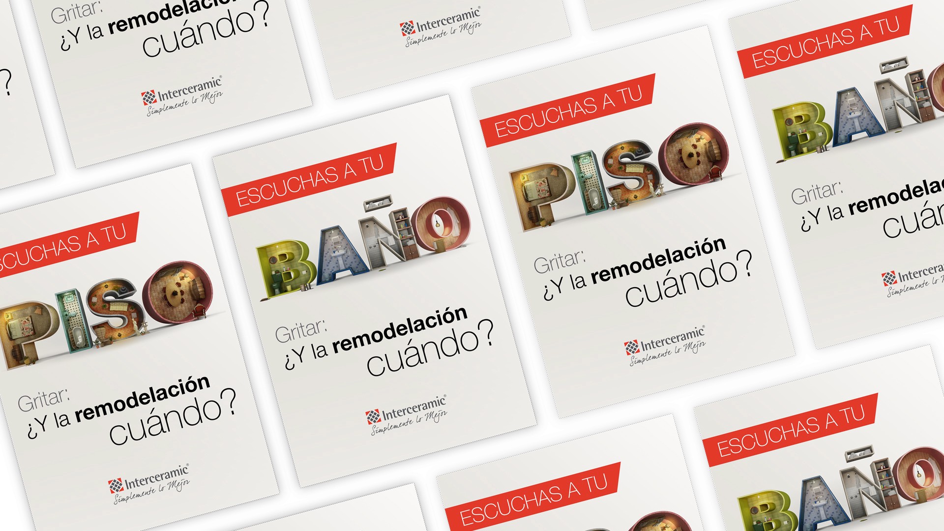 Collection of Interceramic posters featuring 3D typographic room designs for the 'Listen to your home' campaign.