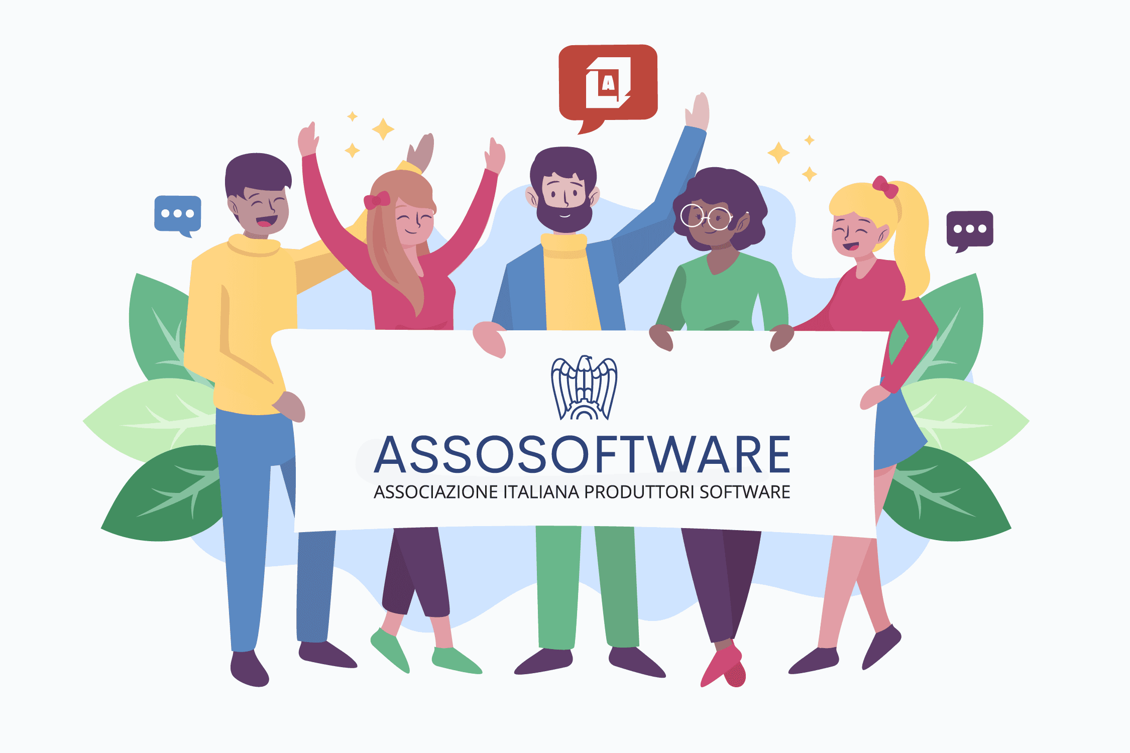 persone stilizzate che tengono striscione AssoSoftware
