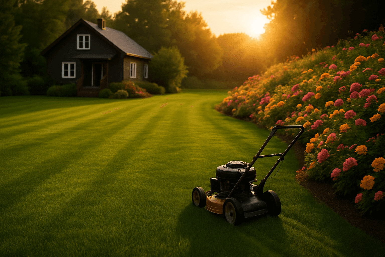 A beautiful lawn at dusk with a lawn mower next to floral