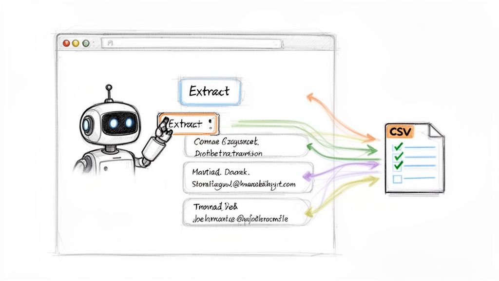 A robot extracts data from a web page, converting structured and unstructured text into a CSV file.