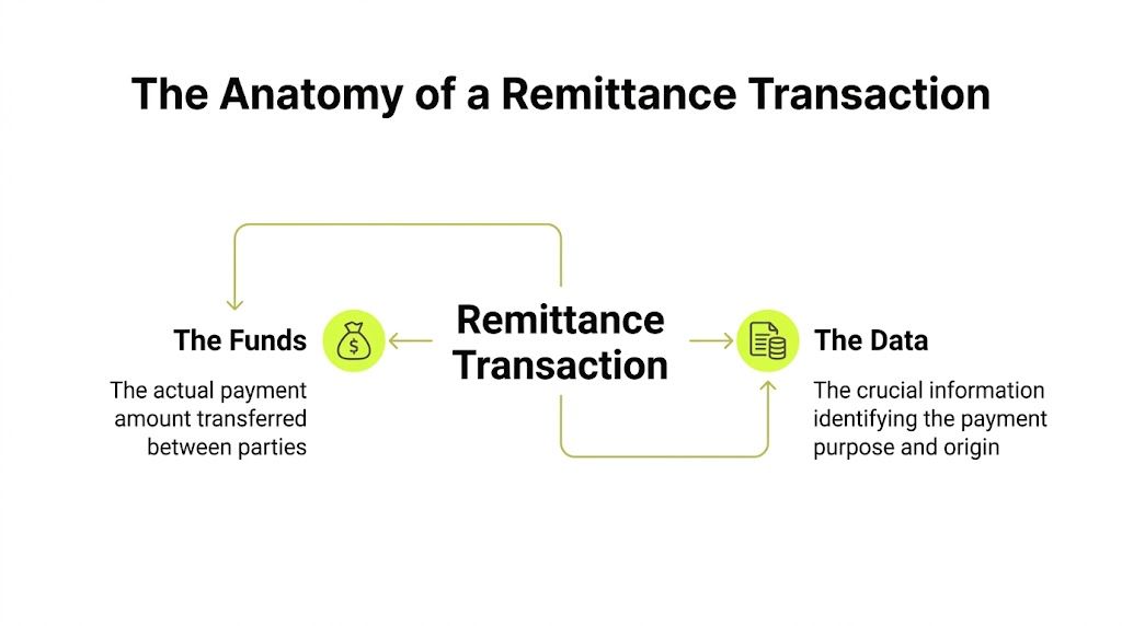 A diagram illustrating the anatomy of a remittance transaction consisting of funds and associated payment data.