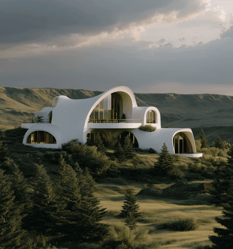 Organic white sculptural villa nestled into a green hillside landscape