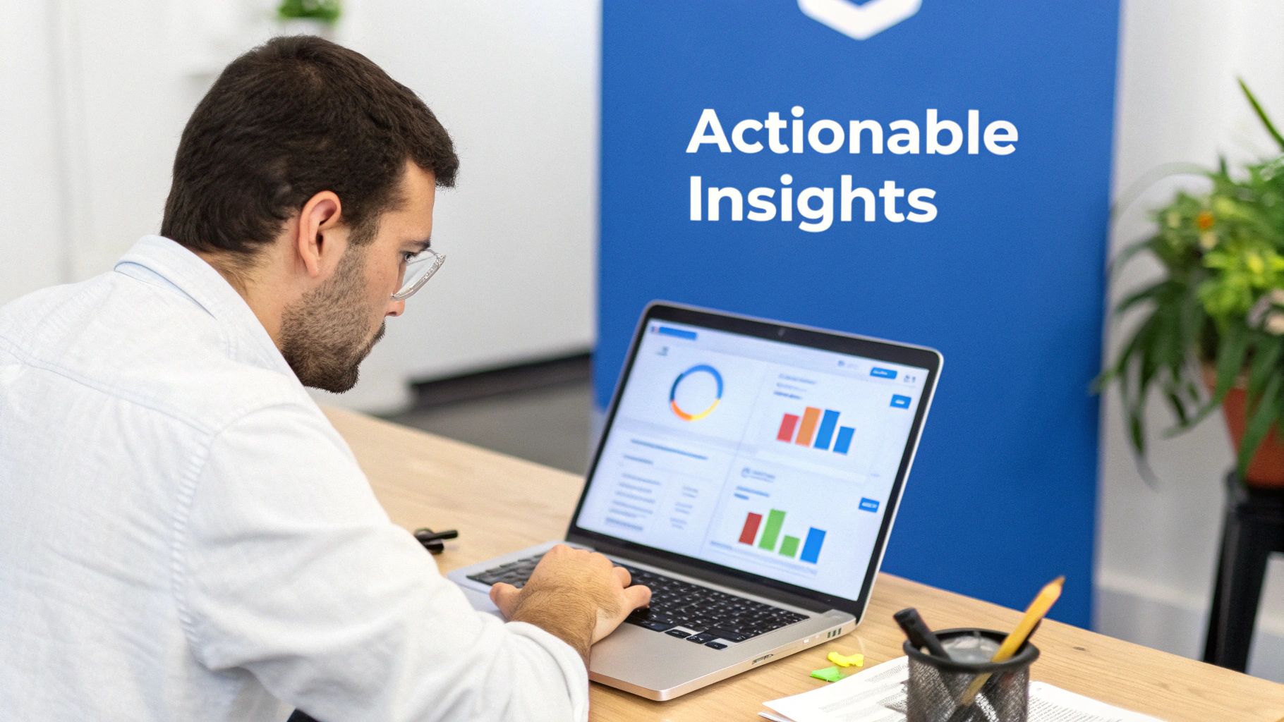 A laptop screen displaying vibrant charts and graphs integrated into a software application's user interface.