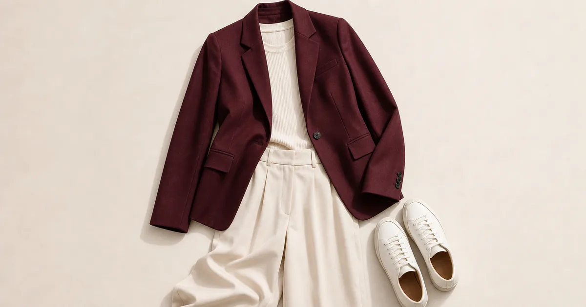 Plum coloured blazer shown with cream and grey knitwear