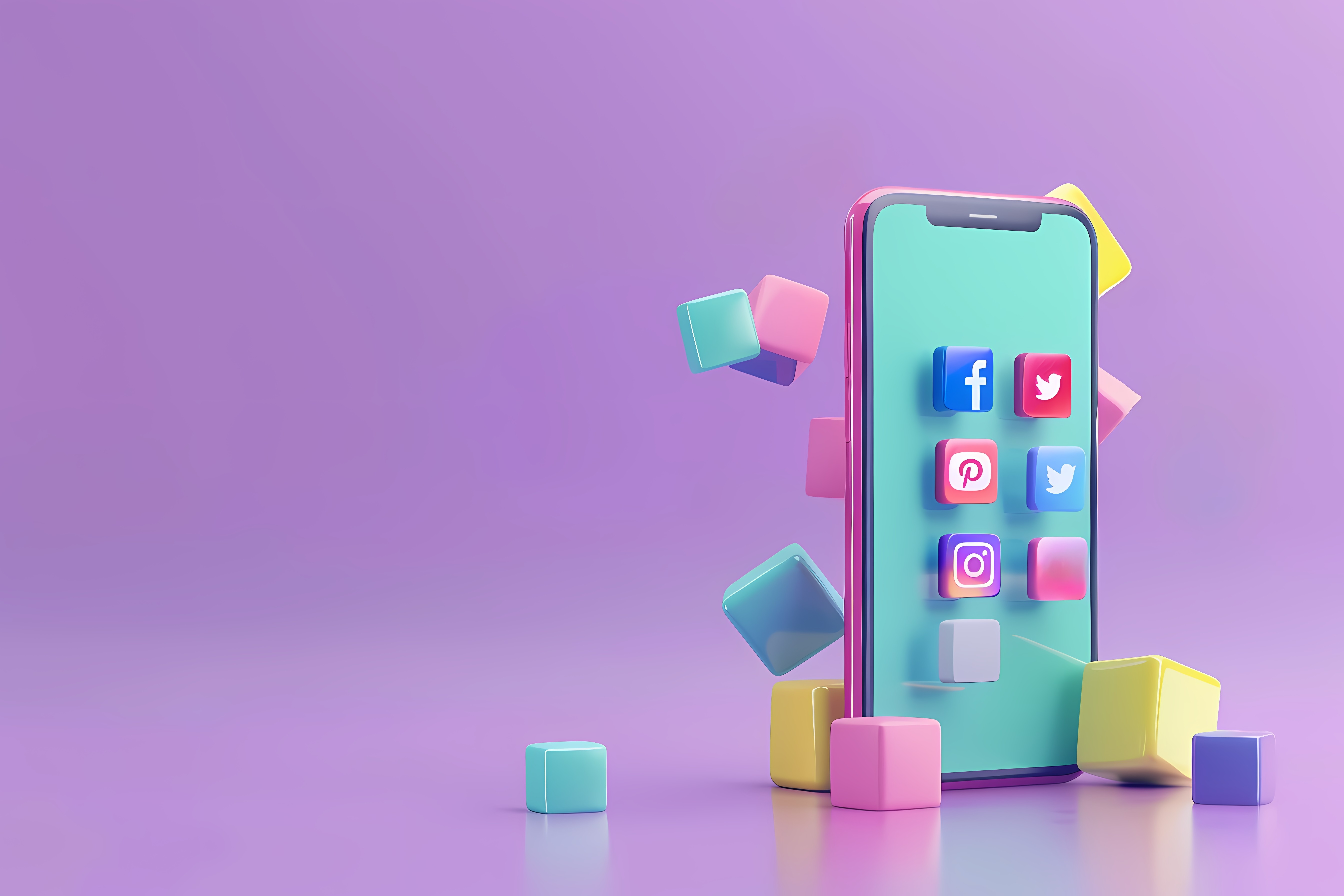 A smartphone displaying social media icons surrounded by vibrant, colorful cubes, symbolizing digital connectivity.
