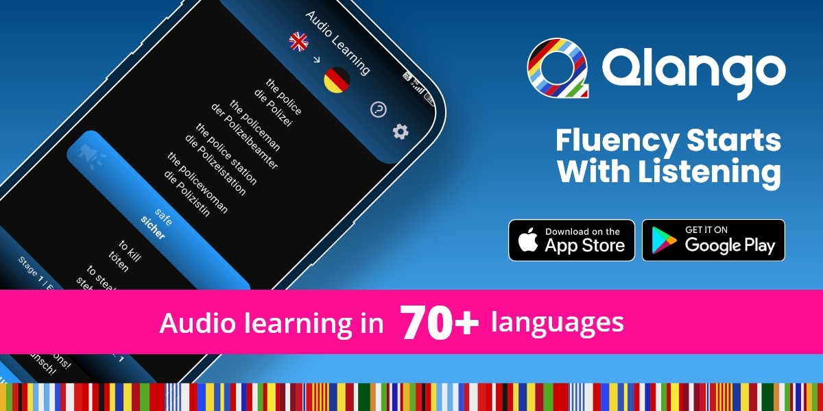 Qlango app showcasing audio learning for fluency in 70+ languages, with icons for App Store and Google Play.