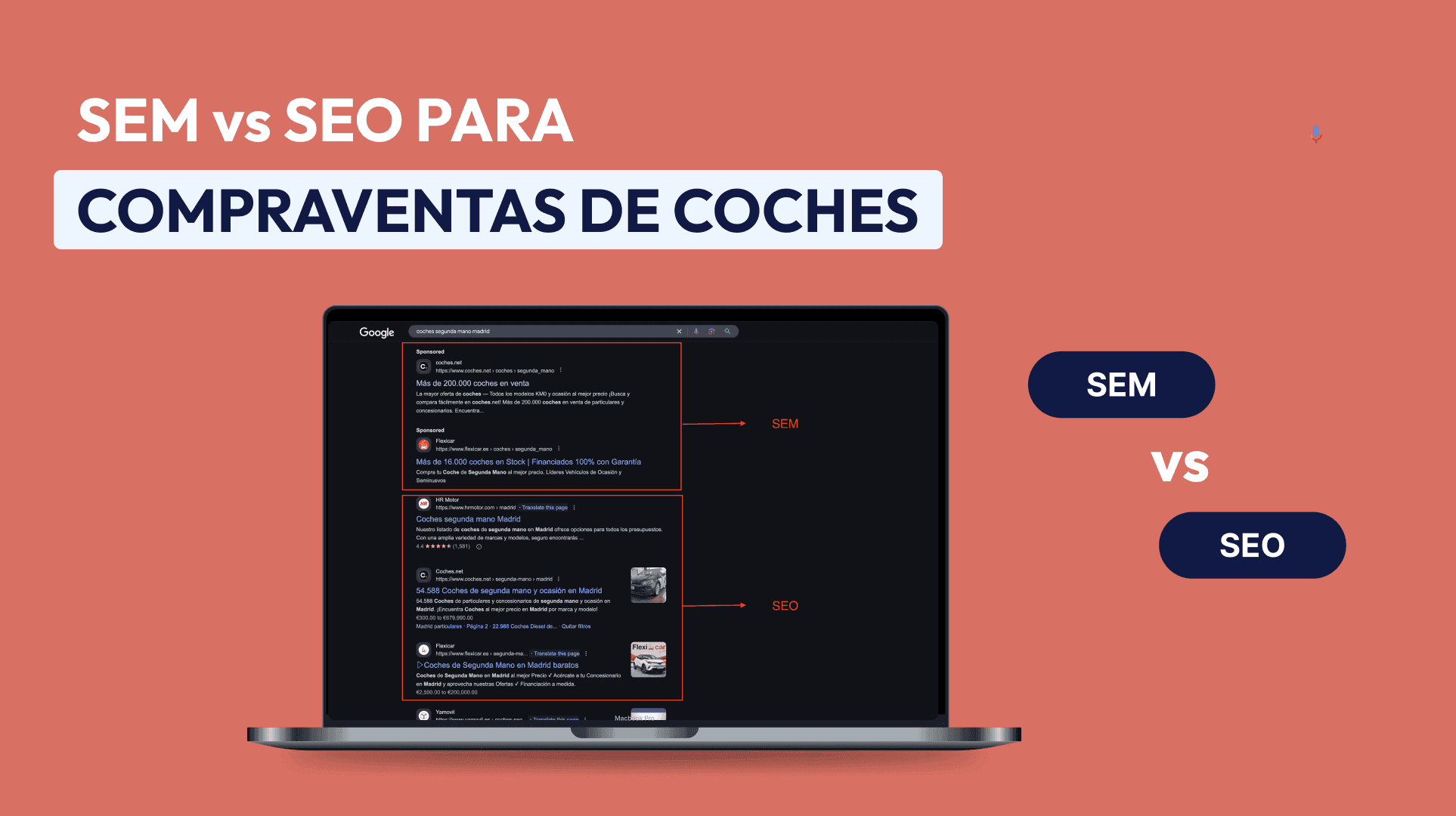 SEM vs SEO for Car Sales: Laptop showing Google search results. 