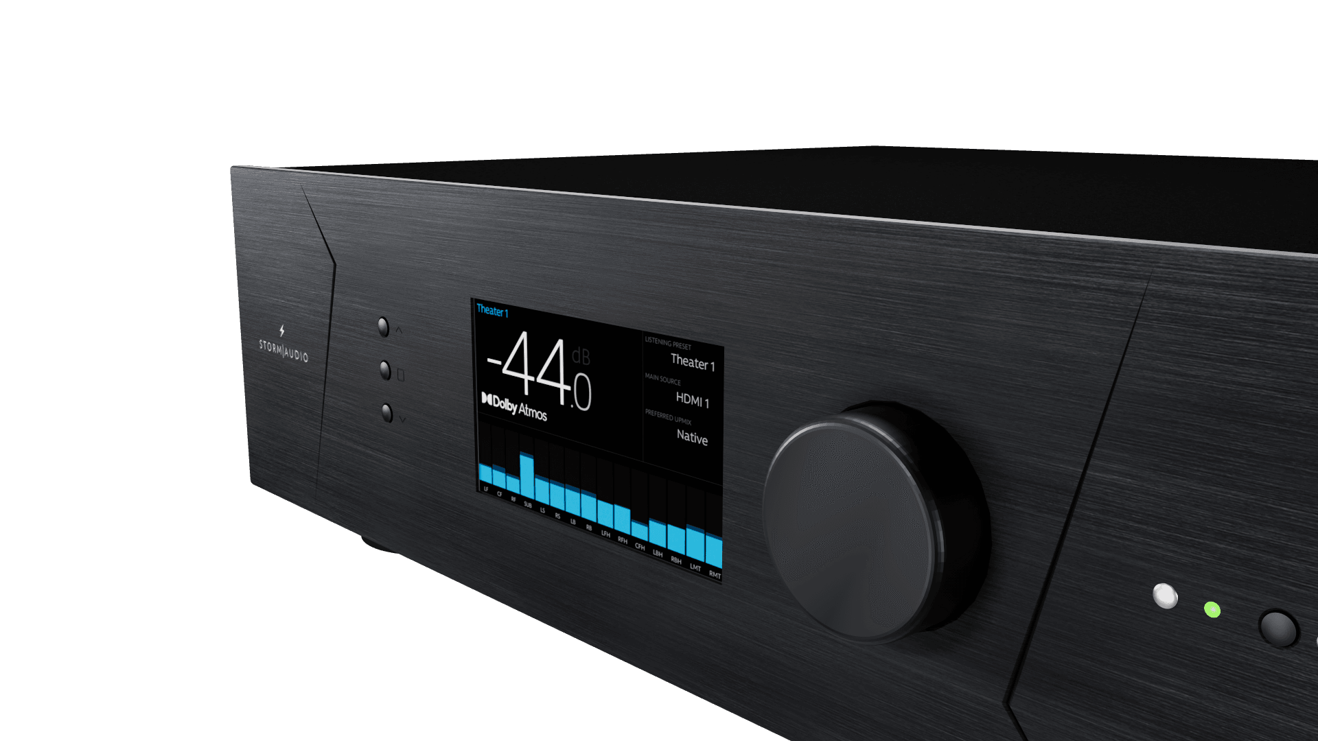 StormAudio receiver display showing -44.0 dB Dolby Atmos