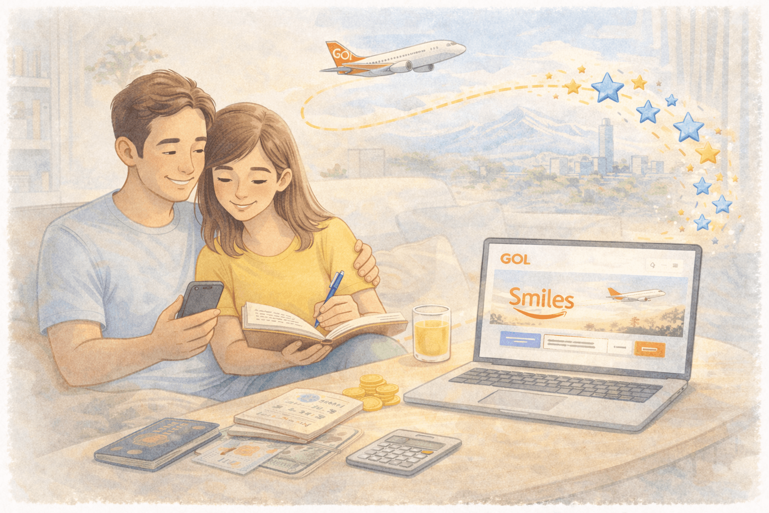 Ilustração em aquarela digital de casal planejando viagem com milhas Smiles da GOL no sofá, com notebook aberto, passaporte brasileiro, dinheiro e moedas, e avião ao fundo simbolizando viagens.
