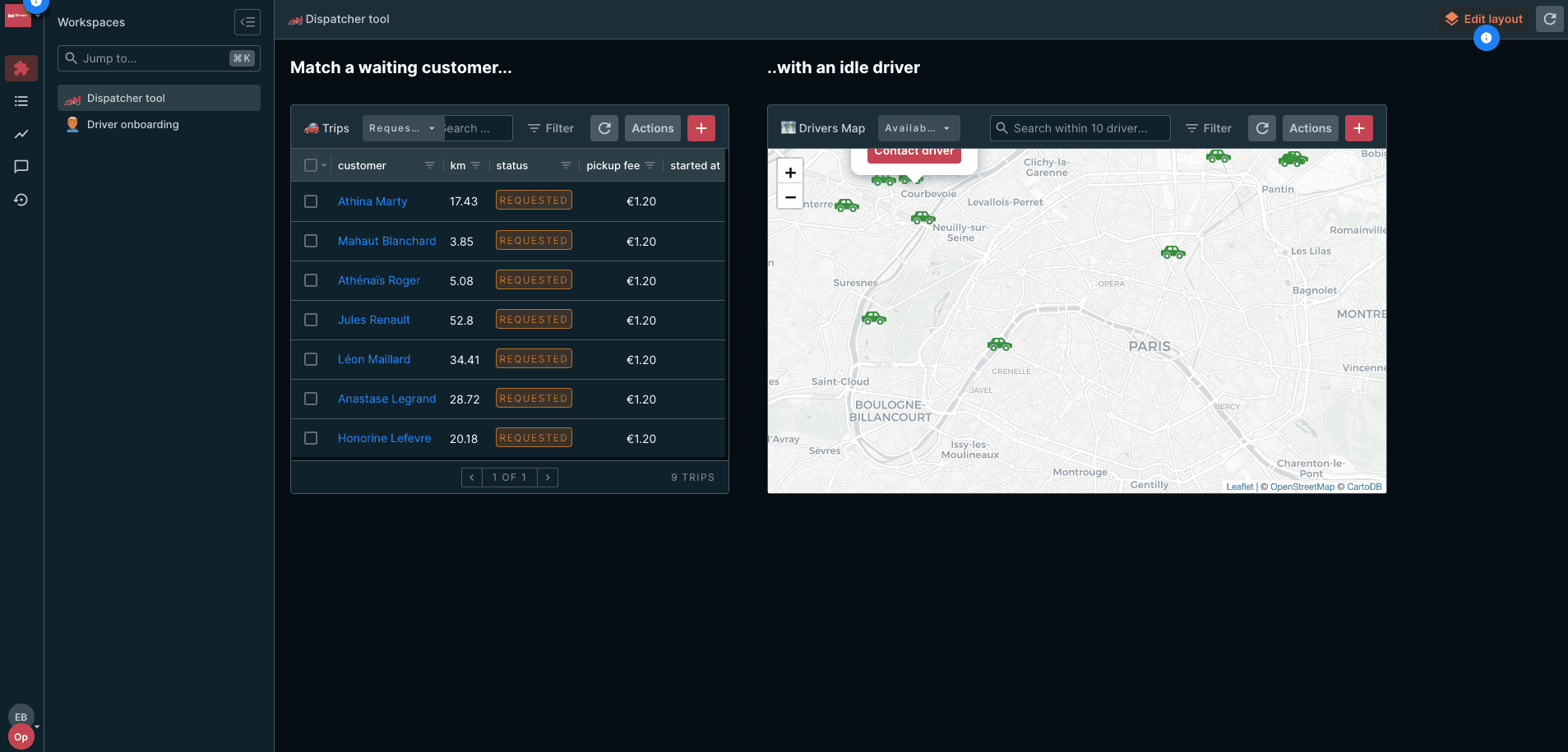A Forest Admin workspace in night mode.