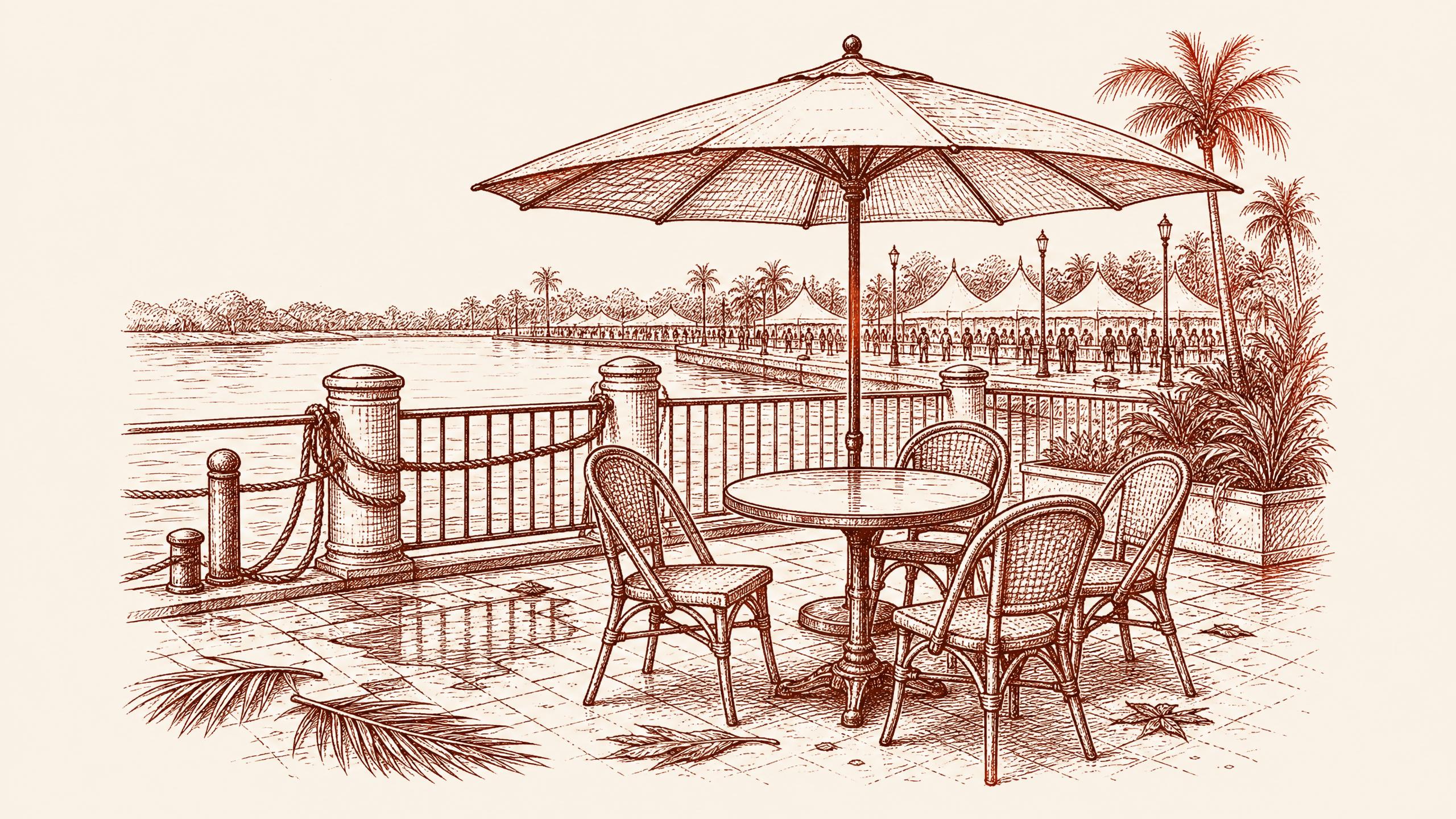 A broad patio umbrella beside a Tampa riverwalk railing as the central seasonal object, surrounded, outdoor restaurant tampa