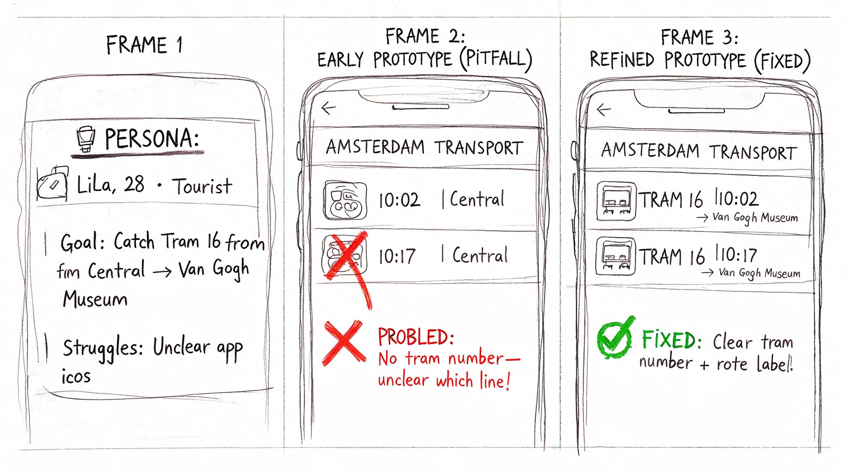 A hand-drawn sketch showing a user persona, an unclear early app prototype, and a refined improved interface.
