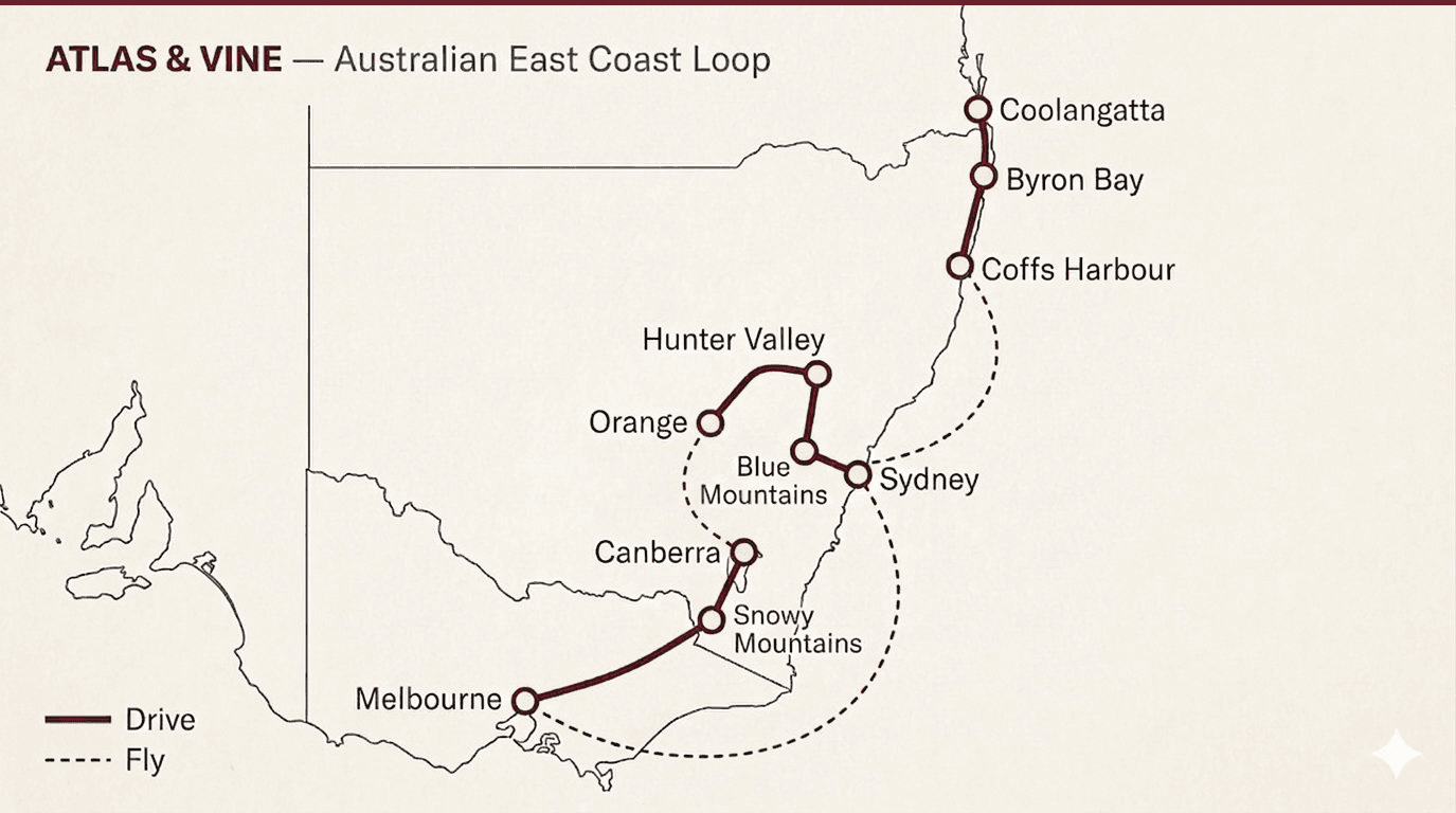 Atlas & Vine itinerary map: Australian East Coast Loop — Coolangatta, Byron Bay, Coffs Harbour, Hunter Valley, Orange, Blue Mountains, Sydney, Canberra, Snowy Mountains, Melbourne, with drive and fly legs marked.