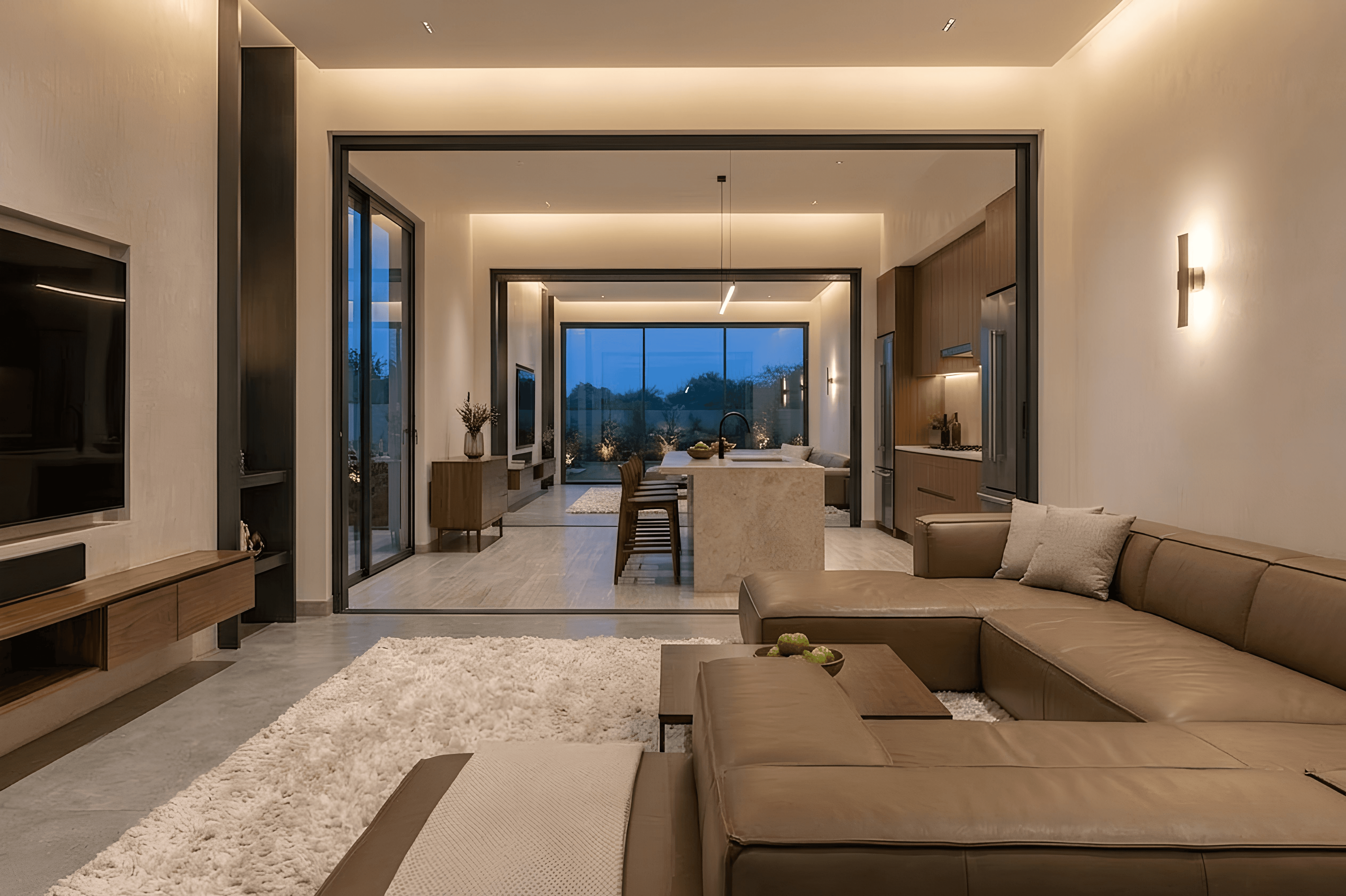 Luxurious living room interior at Shanti Farms by Rankawat Group Jaipur, featuring modern design, premium furnishings, and elegant open-plan spaces.