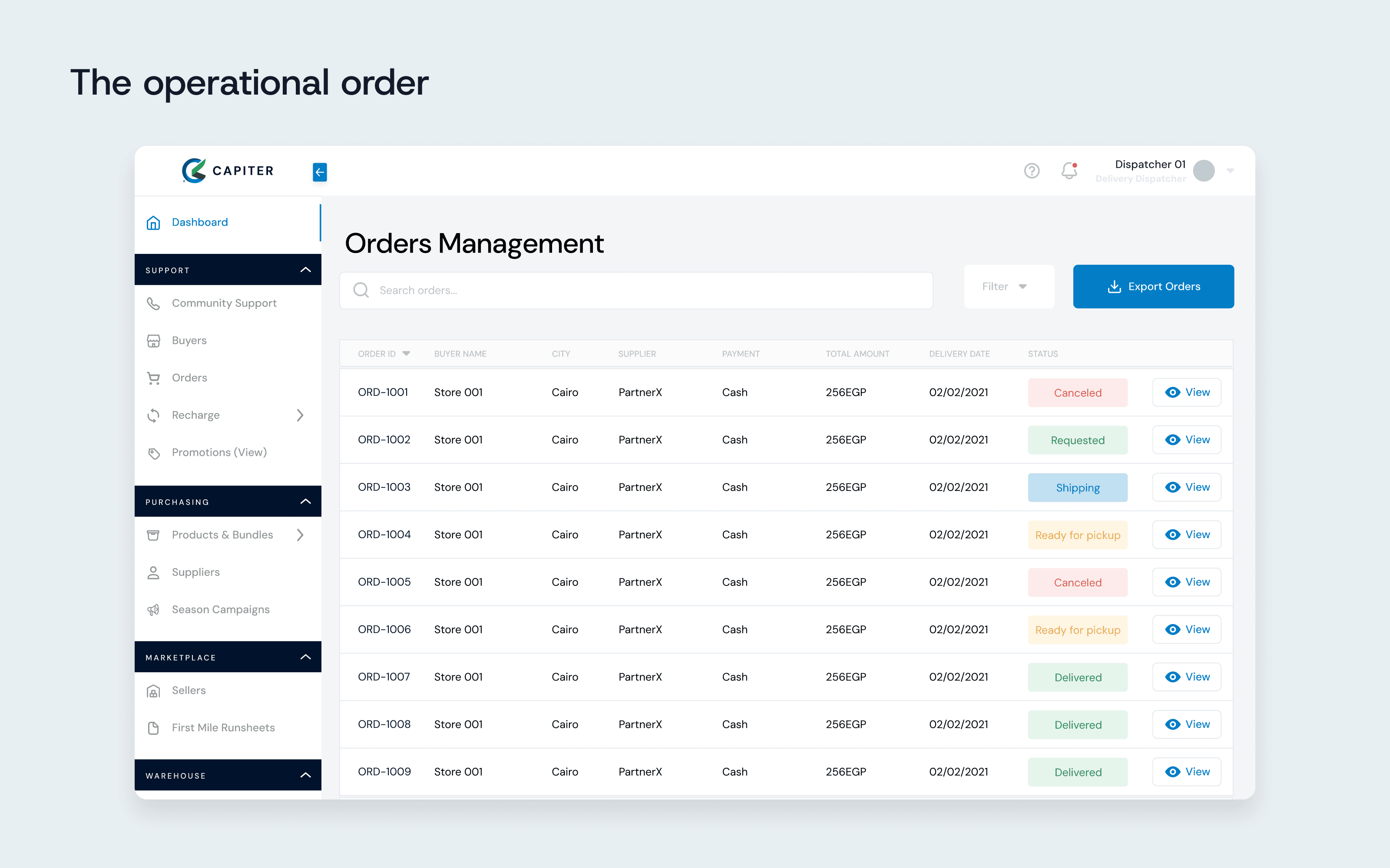 Orders management table with status tags