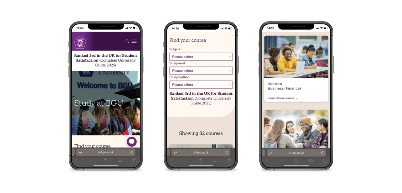 Three mobile phone screens showing the Bishop Grosseteste University website, including the homepage, a course search tool, and a course listing page