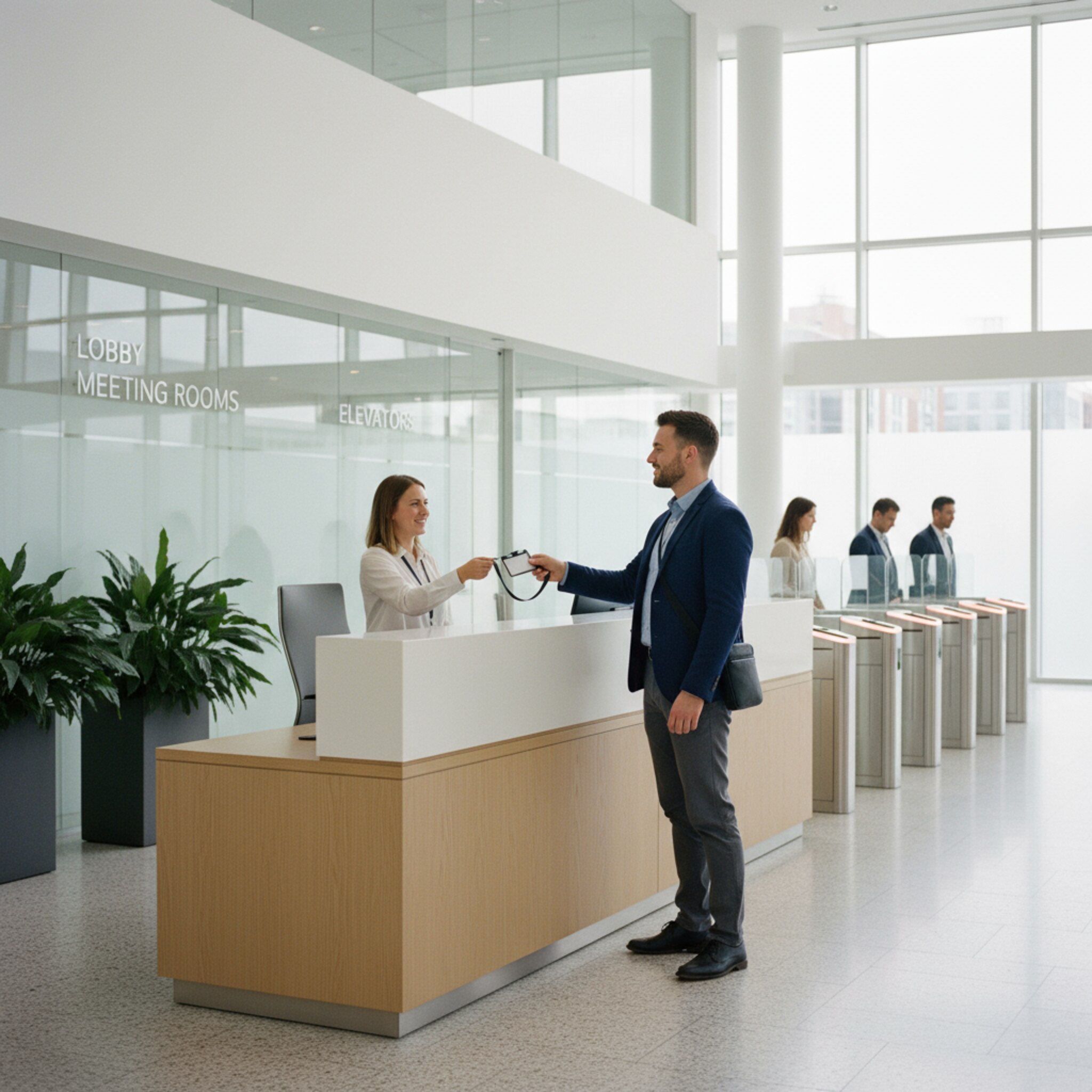 Ein klar gestalteter Empfangstresen mit freundlichem Personal. Eine Besucherin erhält ein schlichtes Lanyard und lächelt, während im Hintergrund dezente Drehkreuze den Zugang markieren. Die Wege sind breit und gut ausgeschildert, Pflanzen sorgen für Ruhe. Alles wirkt flüssig, sicher und respektvoll.