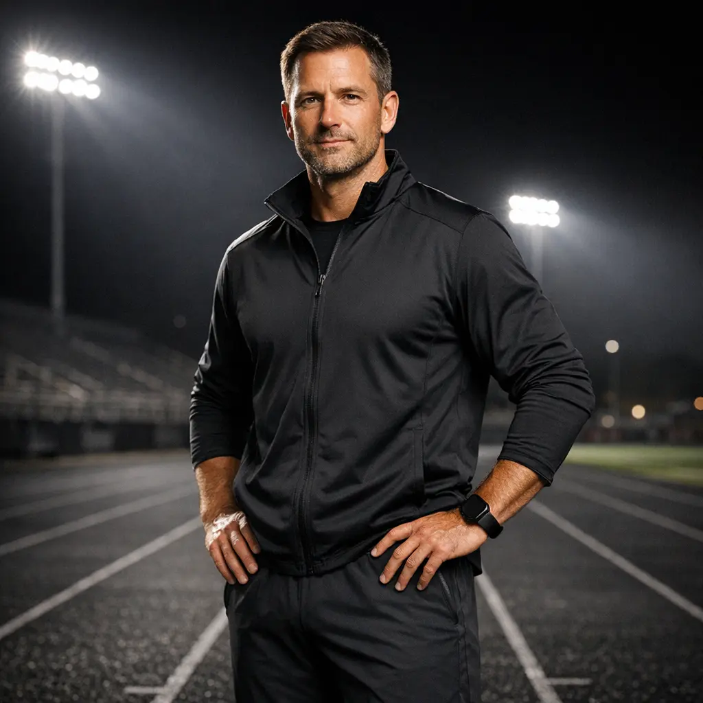 Man in black track suit on a track. Coaching or athlete.