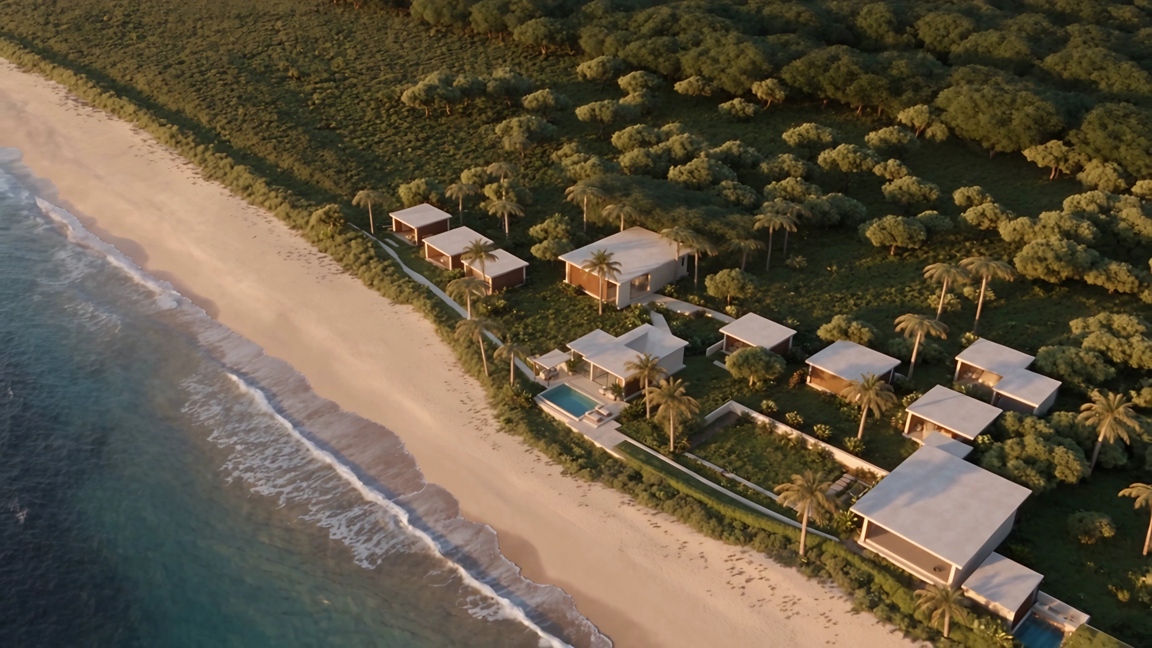 The resort shore and ocean in the soft last light of the day