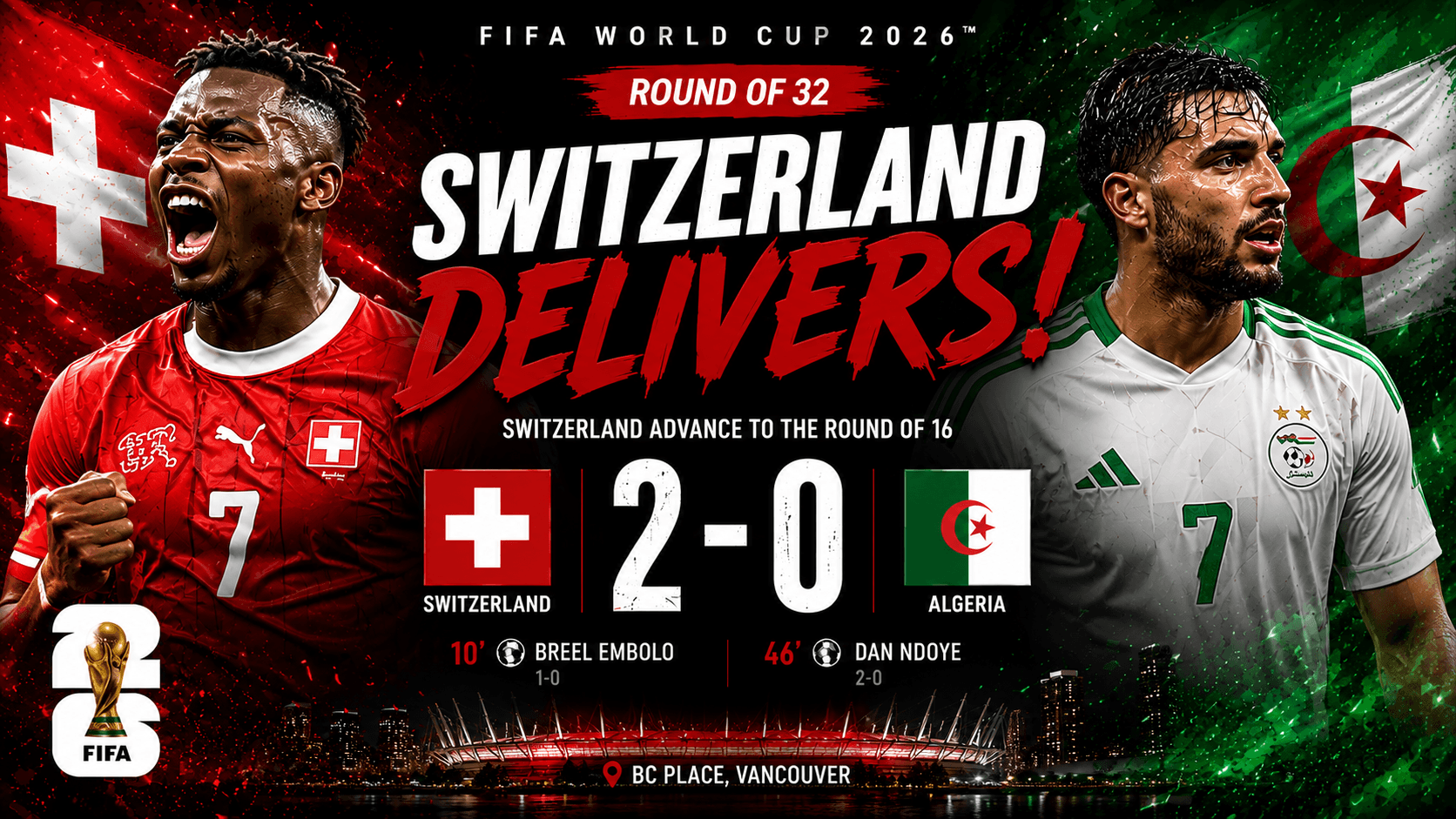 Breel Embolo celebrates Switzerland's opening goal during the 2-0 victory over Algeria in the FIFA World Cup 2026 Round of 32 as Dan Ndoye added the second goal to send the Swiss into the Round of 16.