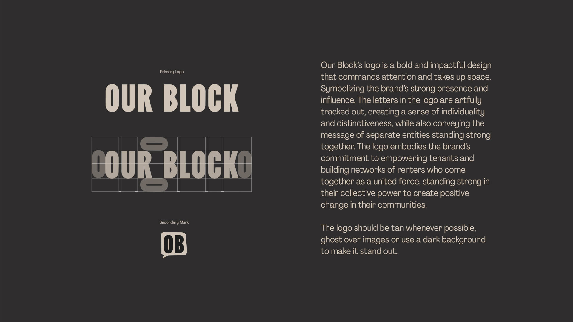 The image displays a logo design for a company called "Our Block." The logo is presented in three variations: Primary Logo, Secondary Mark, and Secondary Mark. The Primary Logo features the text "OUR BLOCK" in white capital letters against a dark gray background. The Secondary Mark shows "OB" in white lowercase letters on a dark gray background. The logo is described as bold, impactful, and commanding attention, with letters that are artfully tracked and conveying individuality and distinctiveness. The text also highlights the logo's commitment to empowering tenants and building networks of renters. The logo is intended to be versatile, working well as a primary or secondary mark, and should be adaptable for various applications.