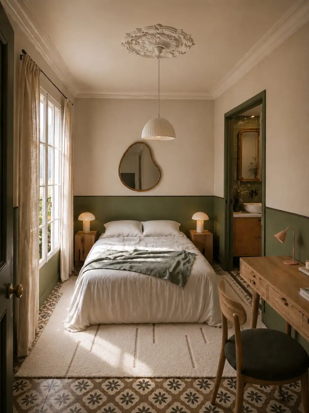 Chambre rénovée avec soubassement vert olive, carreaux de ciment fleuris au sol, miroir organique et bureau en bois, projet Hauts-de-Seine