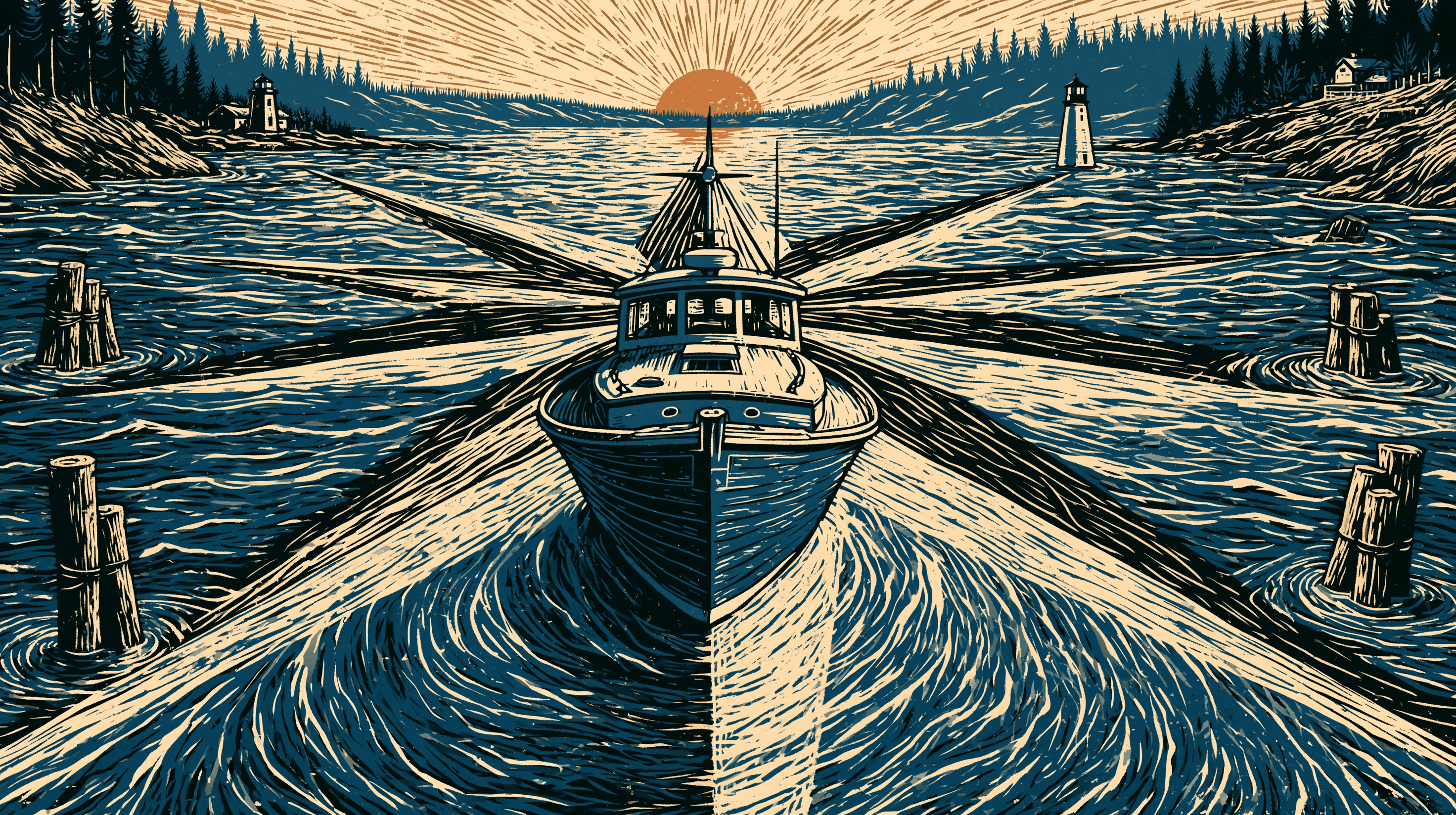 Stylized image of a boat with a navigational compass on the water