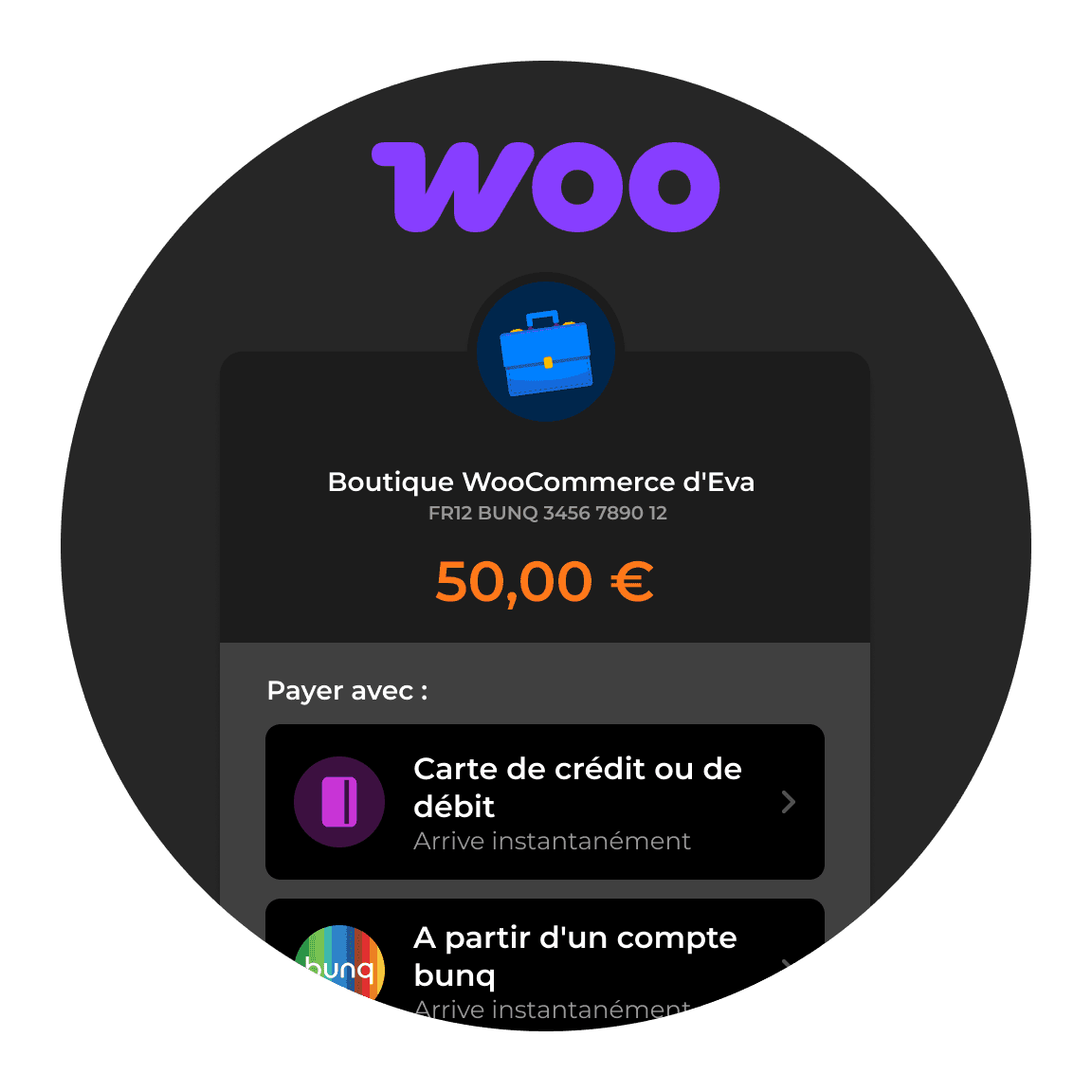 Circular graphic featuring the word "Woo" and a payment interface displaying €10. Options to pay via credit card shown.