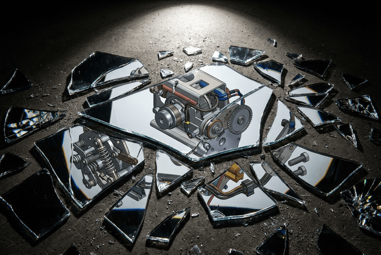 Leo AI - shattered glass or fractured mirror reflecting a SOLIDWORKS CAD assembly
