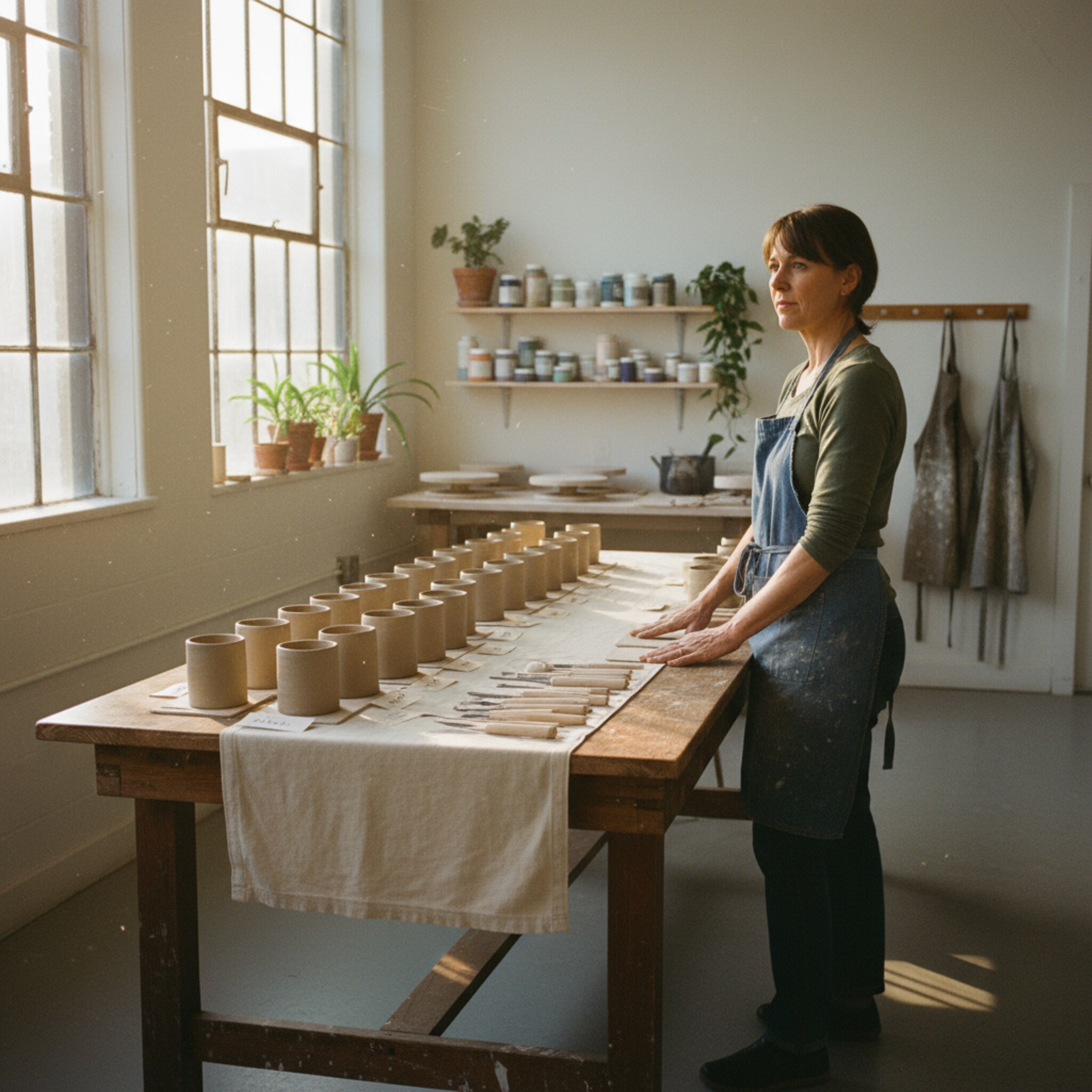 Ein langer Holztisch ist mit gleich großen Rohlingen bestückt, jeder mit einem kleinen Namenszettel daneben. Ein Instructor richtet eine Reihe Holzwerkzeuge aus. Morgenlicht fällt durch große Fenster und lässt den Ton sanft schimmern. Es liegt Vorfreude in der Luft, die Ruhe vor dem ersten Kurstermin.