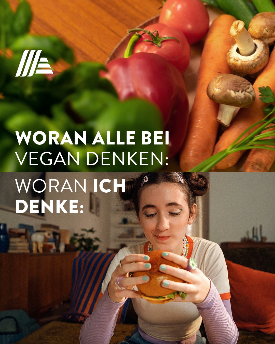 Split-screen social media post comparing common perceptions of vegan food with a young woman enjoying a plant-based burger.