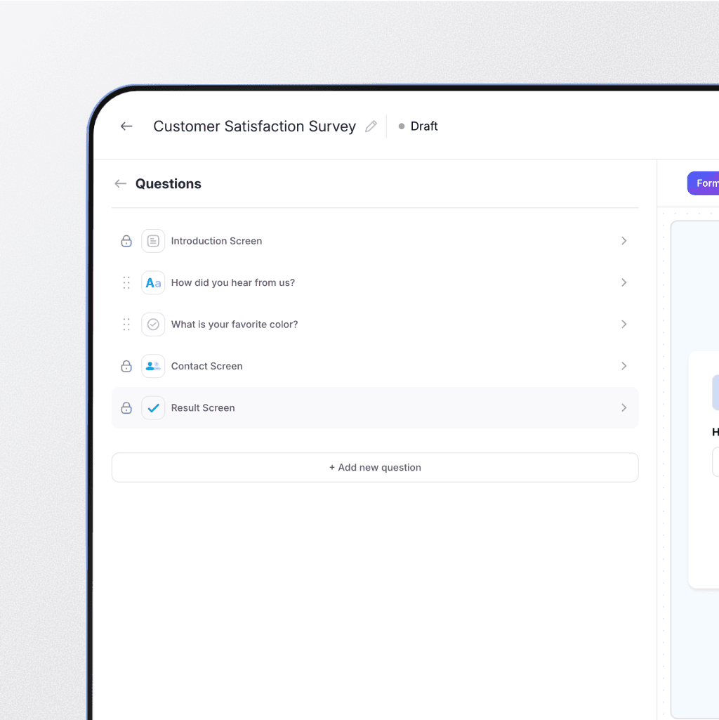 Customer Satisfaction Survey draft interface with customizable questions, including how customers heard about the brand and favorite color.