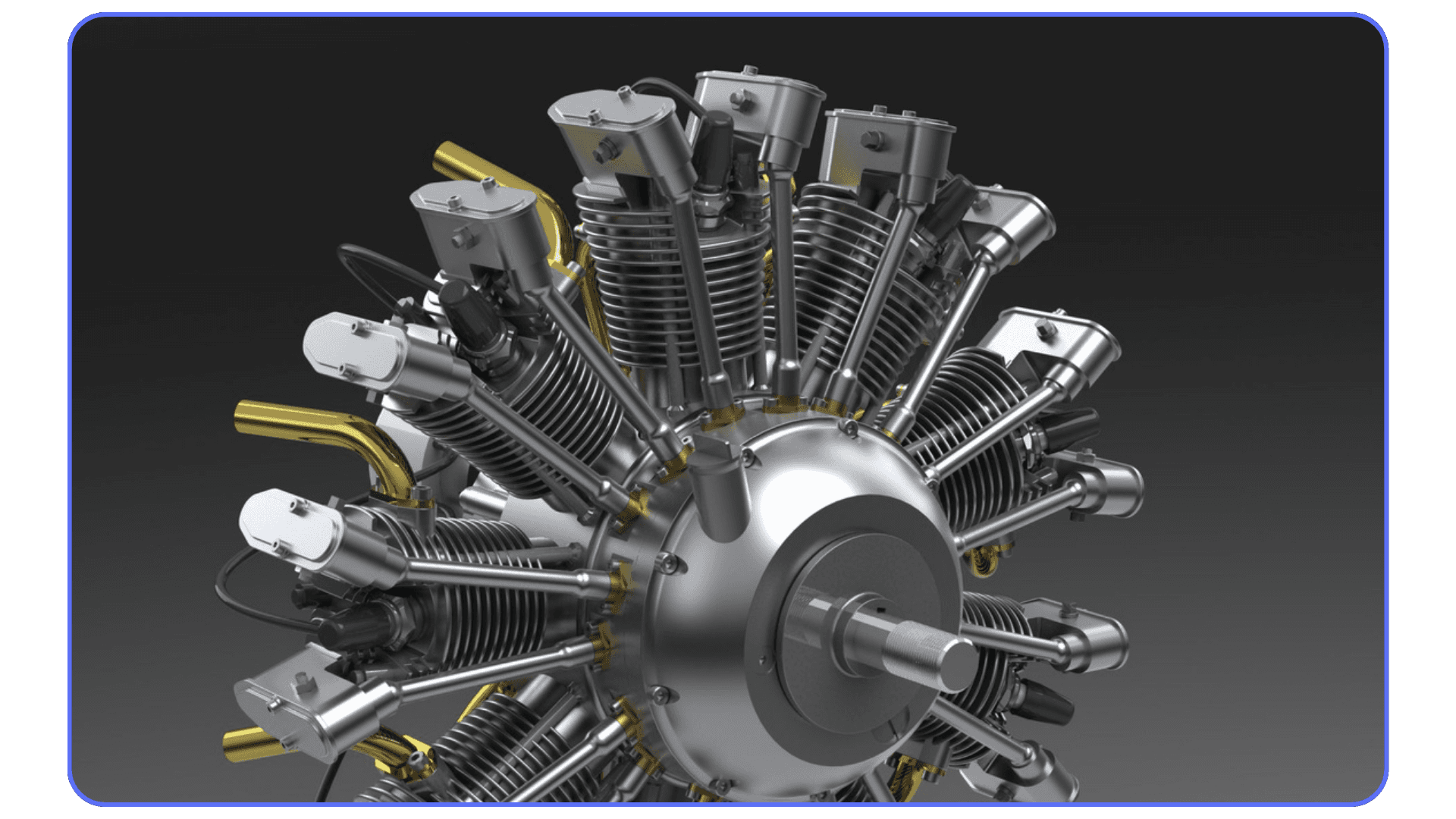 High-detail SolidWorks Visualize render of a radial engine assembly with metallic and brass components.
