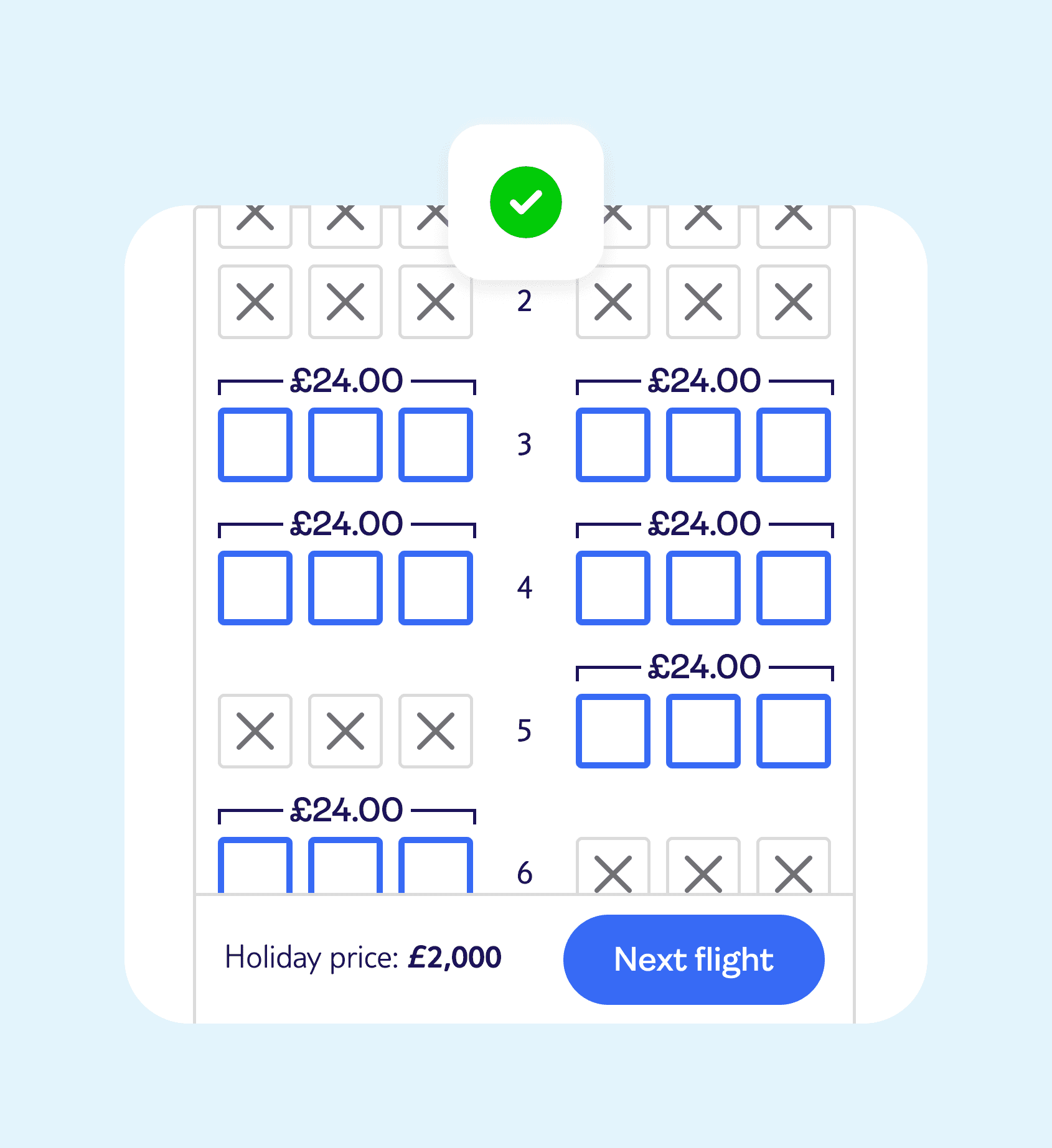 Example of newly designed navigation, fixed to the bottom of the seatmap with the total price and CTA.
