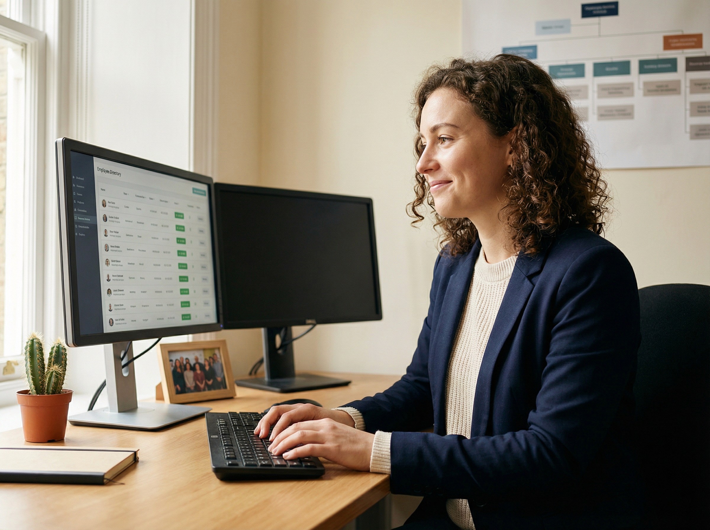 A people operations coordinator in her late 20s sitting at a desk in a small, bright HR office, hands resting on the keyboard but not typing, looking at a monitor that shows a clean employee list — rows of names, teams, and locations with green sync indicators beside each — visible in structure but not legible. Her expression is one of mild satisfaction: the look of someone who just checked that the data is current and it is. A second monitor is off. The desk has a small cactus and a framed team photo. On the wall behind her, a printed organisational chart is partially visible.