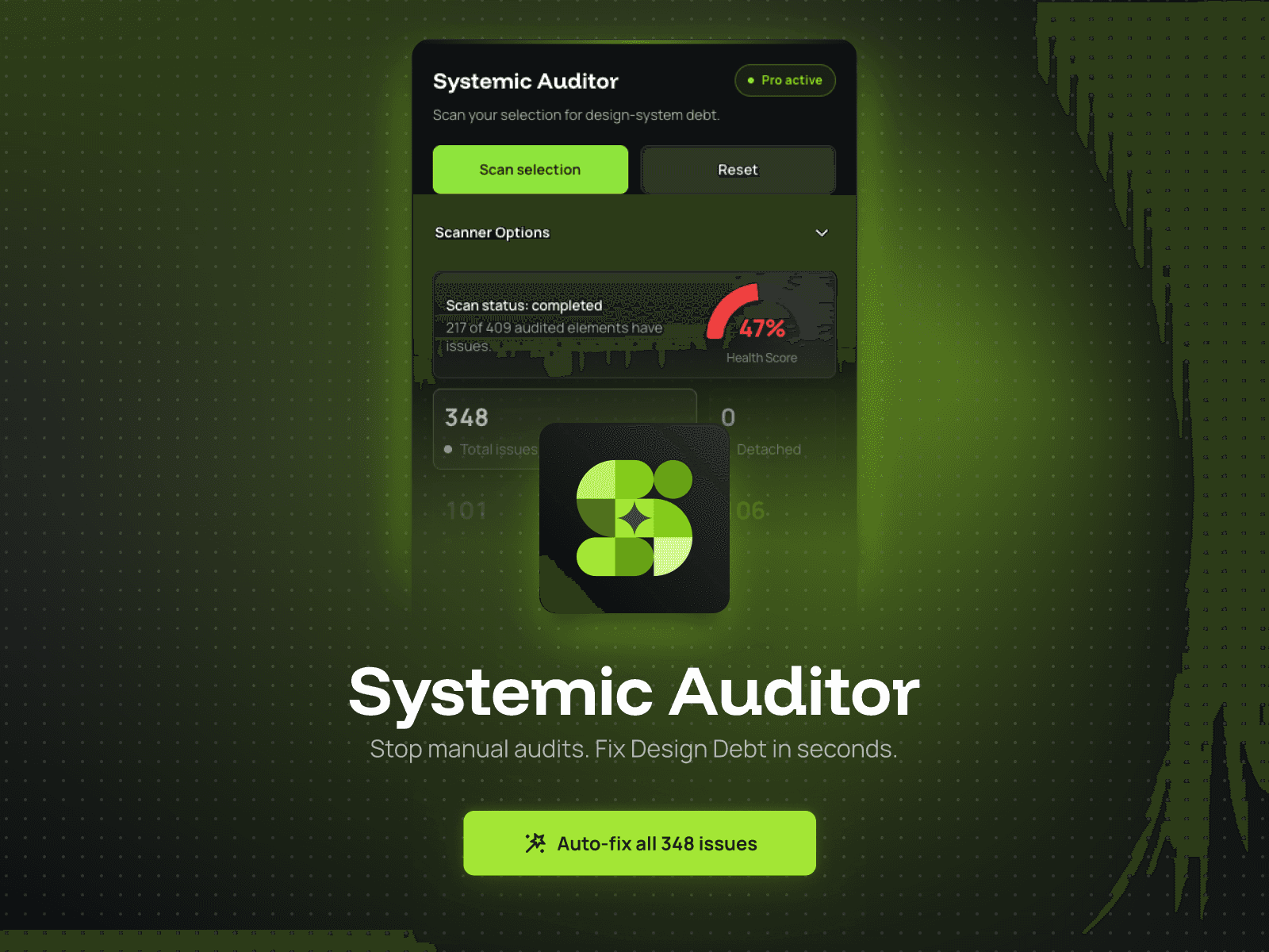 Hero promotional image for Systemic Auditor on a dark green background. The plugin UI panel shows a completed scan of 409 elements with a 47% health score, 348 total issues found, and an auto-fix call-to-action. The plugin logo — a green geometric icon with a star — overlaps the panel. Below, the tagline reads: "Stop manual audits. Fix Design Debt in seconds."