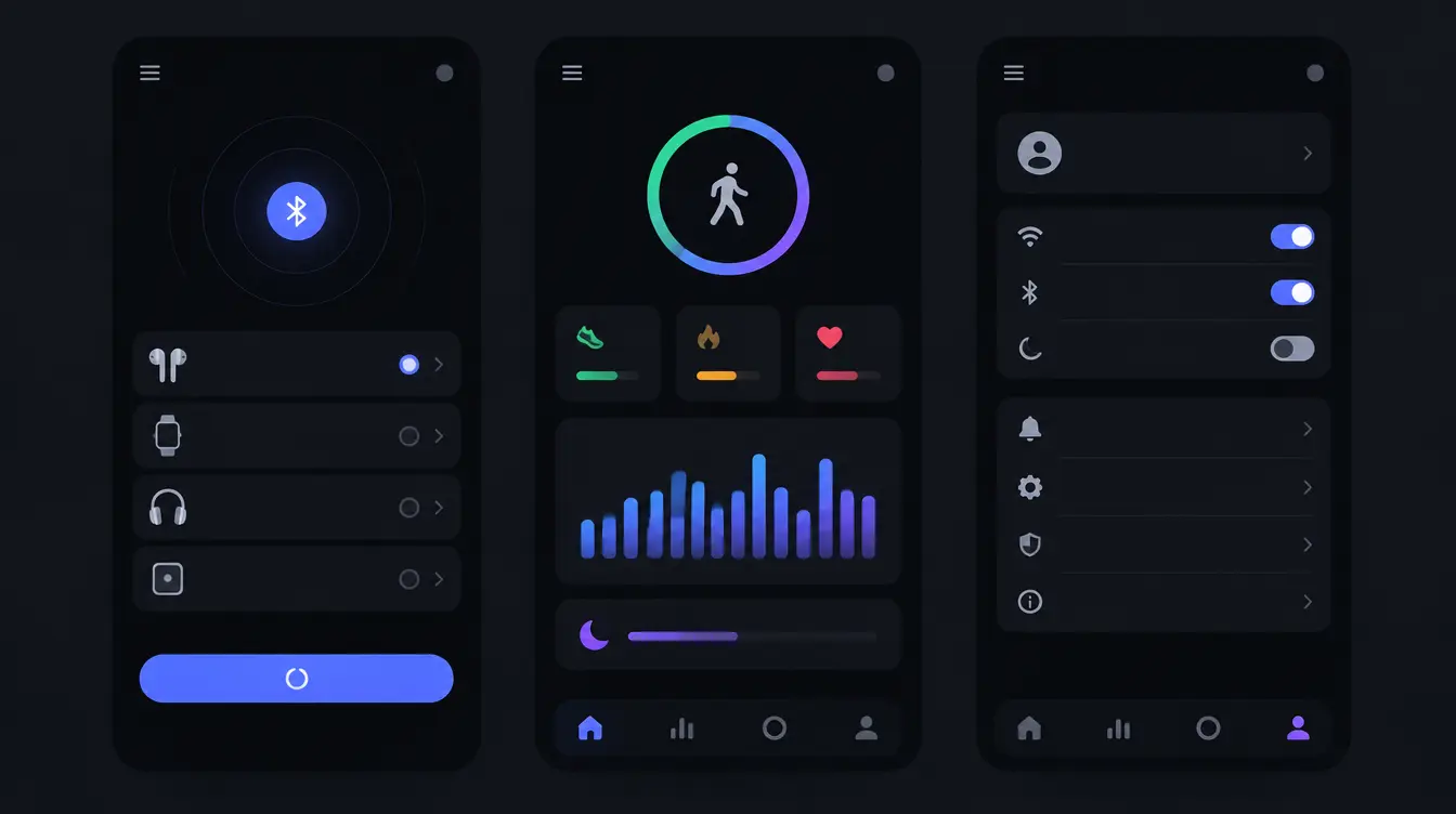 Grid of three UI screens showing device pairing, activity dashboard and settings