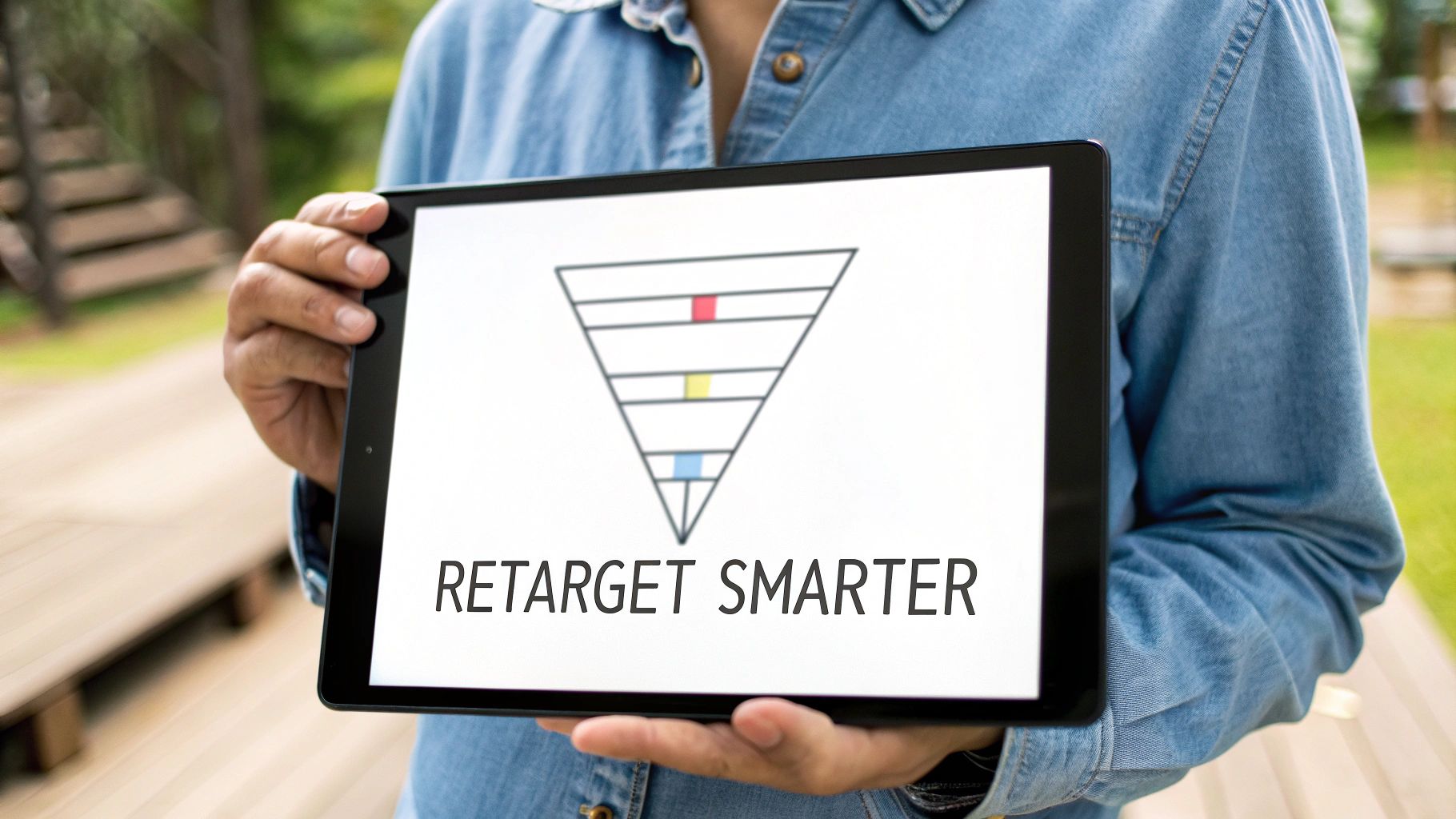 Person holding a tablet showing a sales funnel graphic with 'RETARGET SMARTER' text, symbolizing smart retargeting.