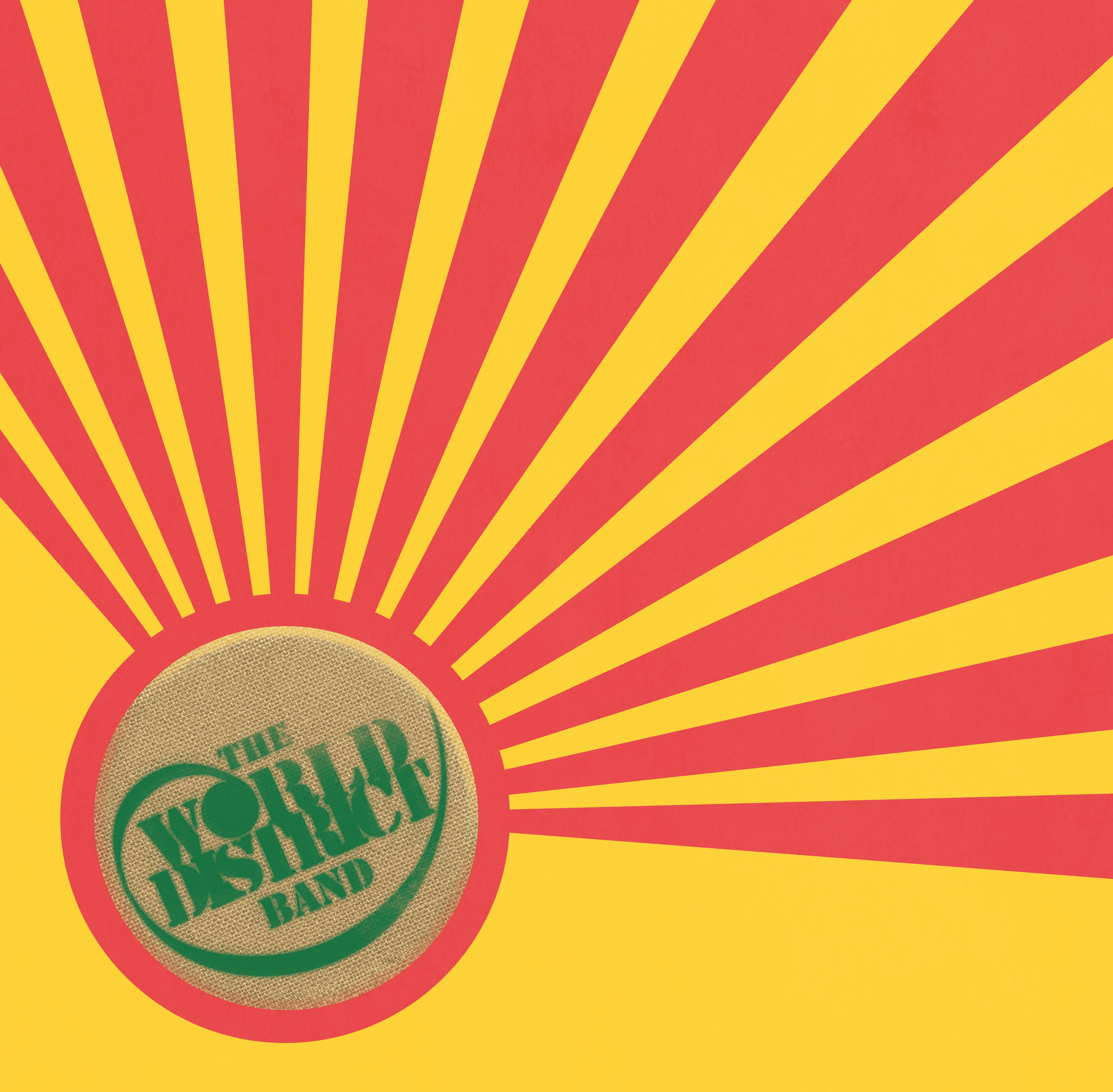 Original logo of The World District Band on a round burlap pin, with a red sun and yellow background.