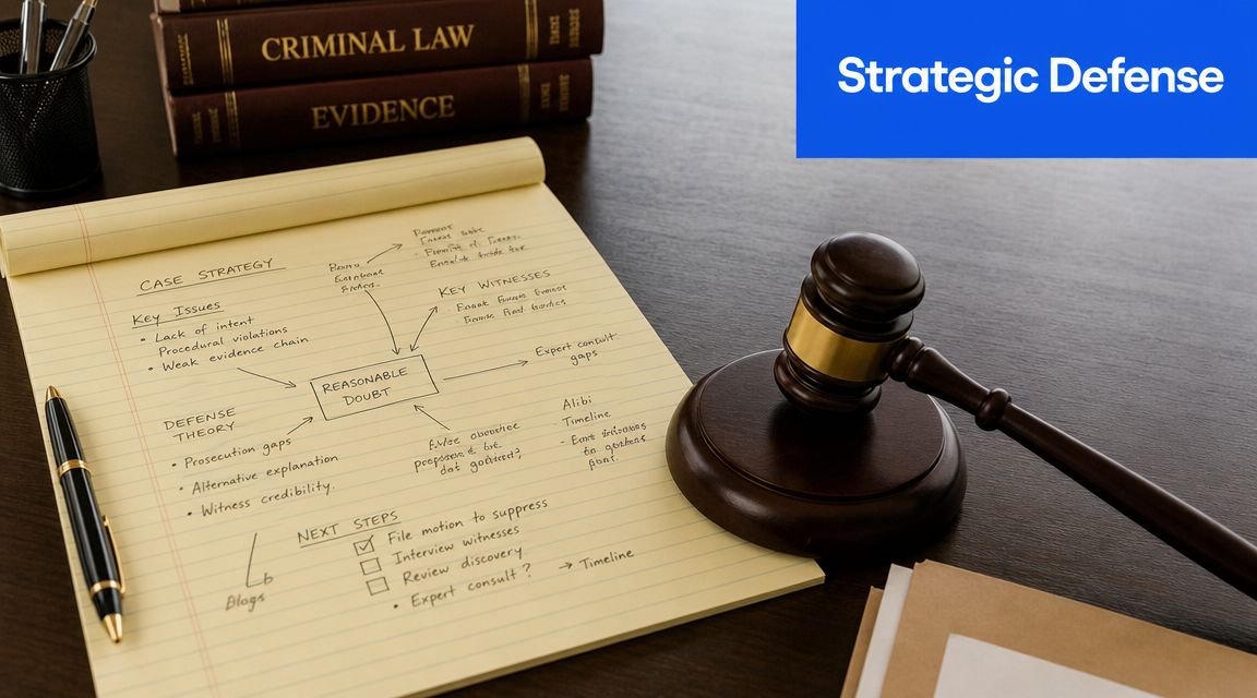 A gavel and legal notepad with handwritten case strategy notes on a wooden office desk.